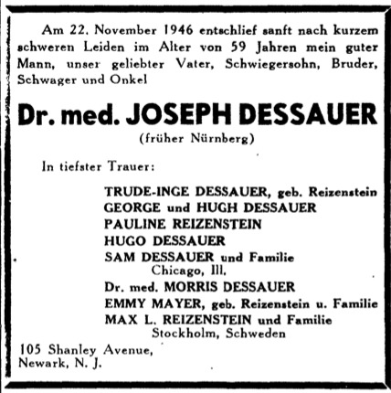 Todesanzeige für Joseph Dessauer 1946, Archiv H Je