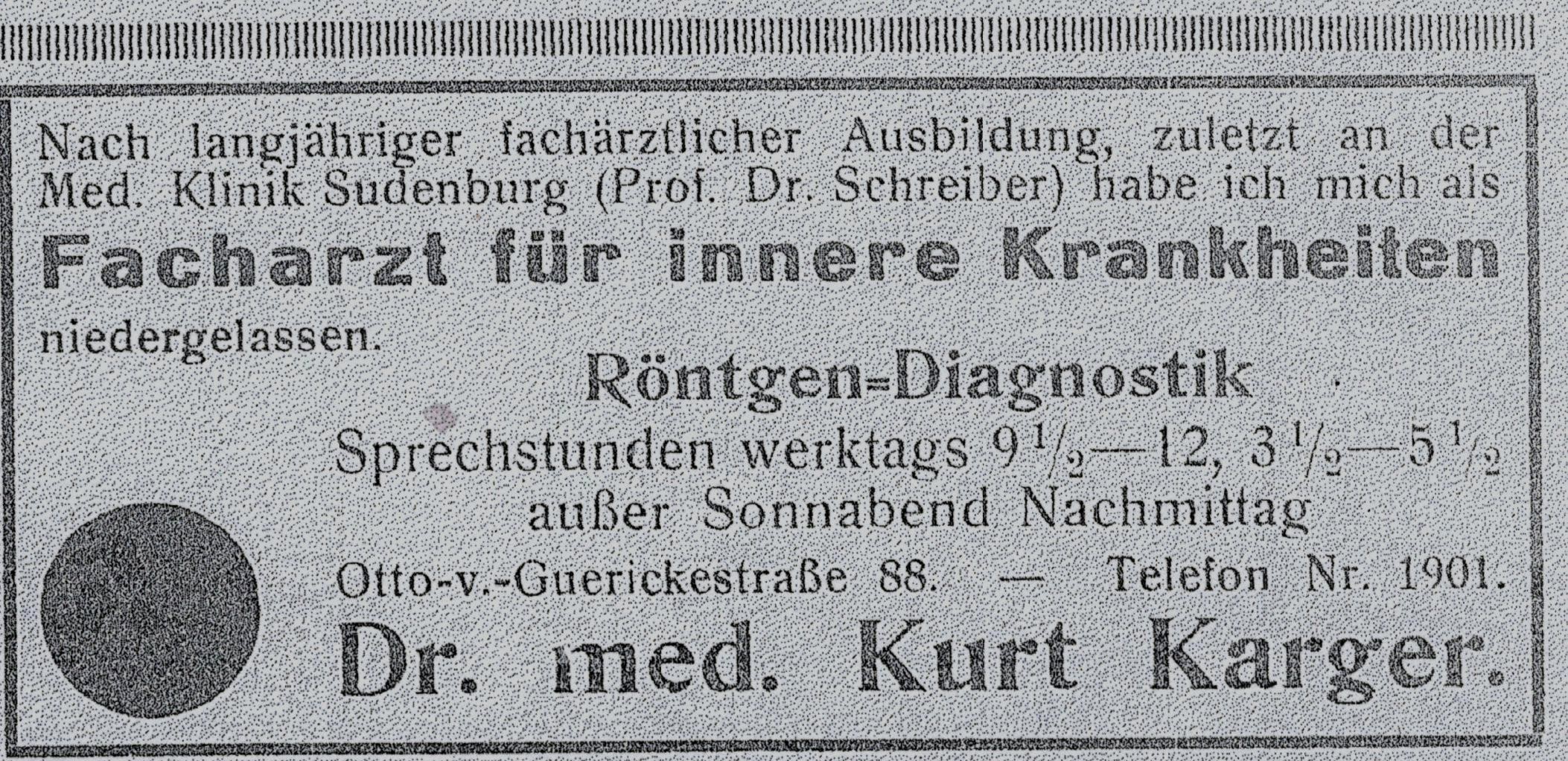 Announcement of the establishment of his practice, Jüdisches Wochenblatt für Magdeburg und Umgebung No. 45, 1928 <br> © Municipal Library Magdeburg