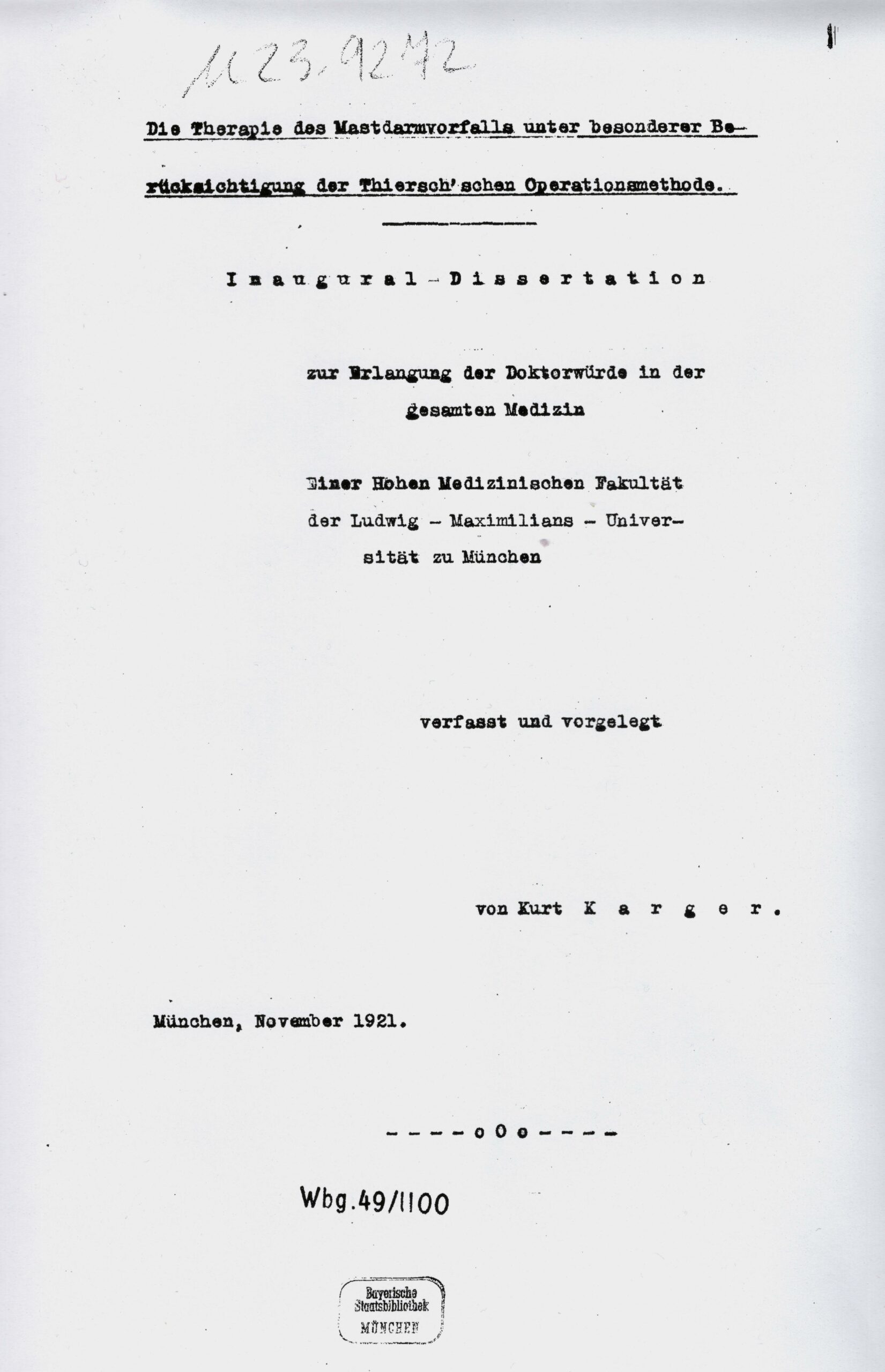 Dissertation, Munich 1921