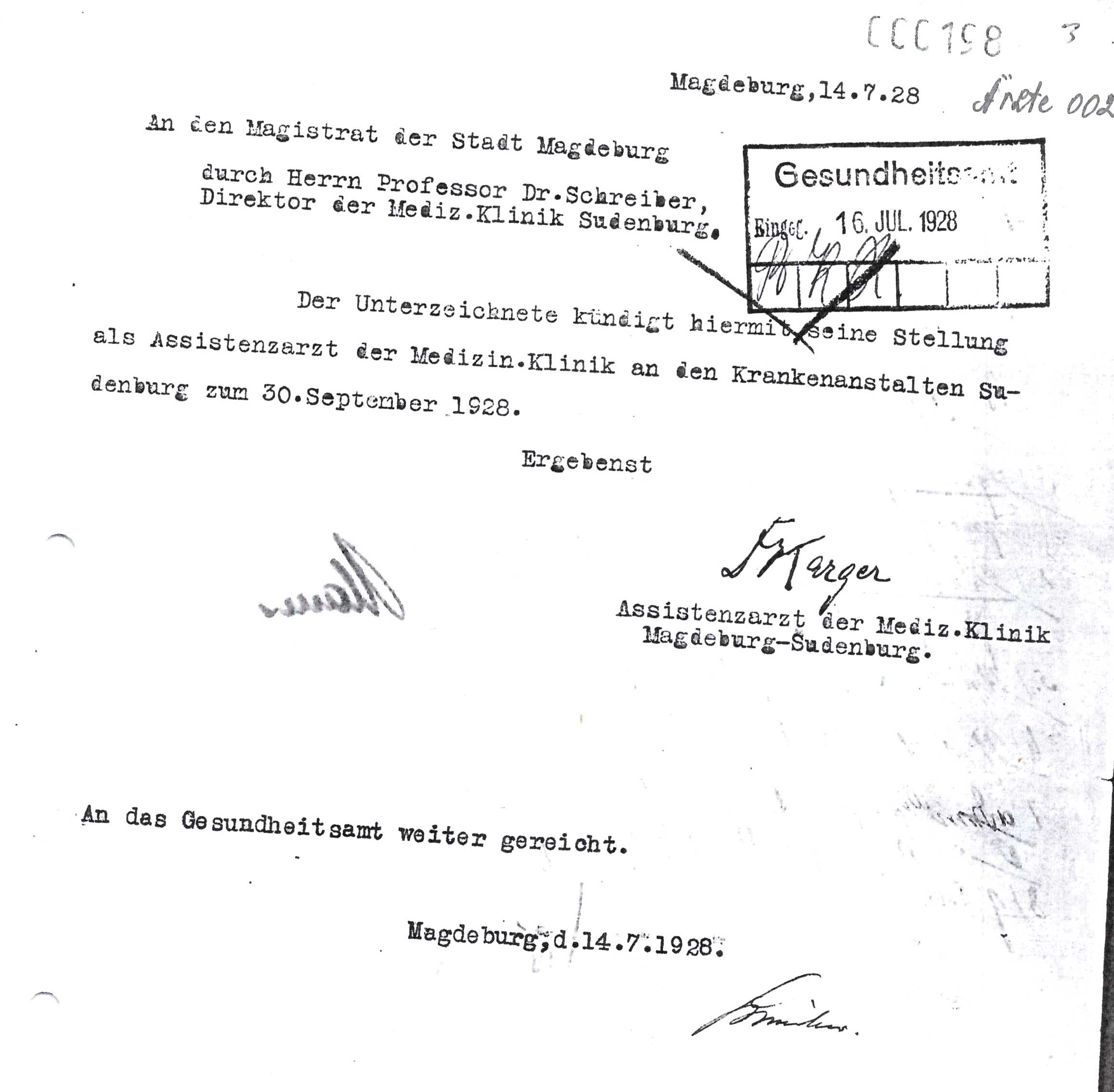 Kündigungsschreiben Kargers am Städtischen Krankenhaus Magdeburg 1928 © Archiv der Synagogen-Gemeinde zu Magdeburg