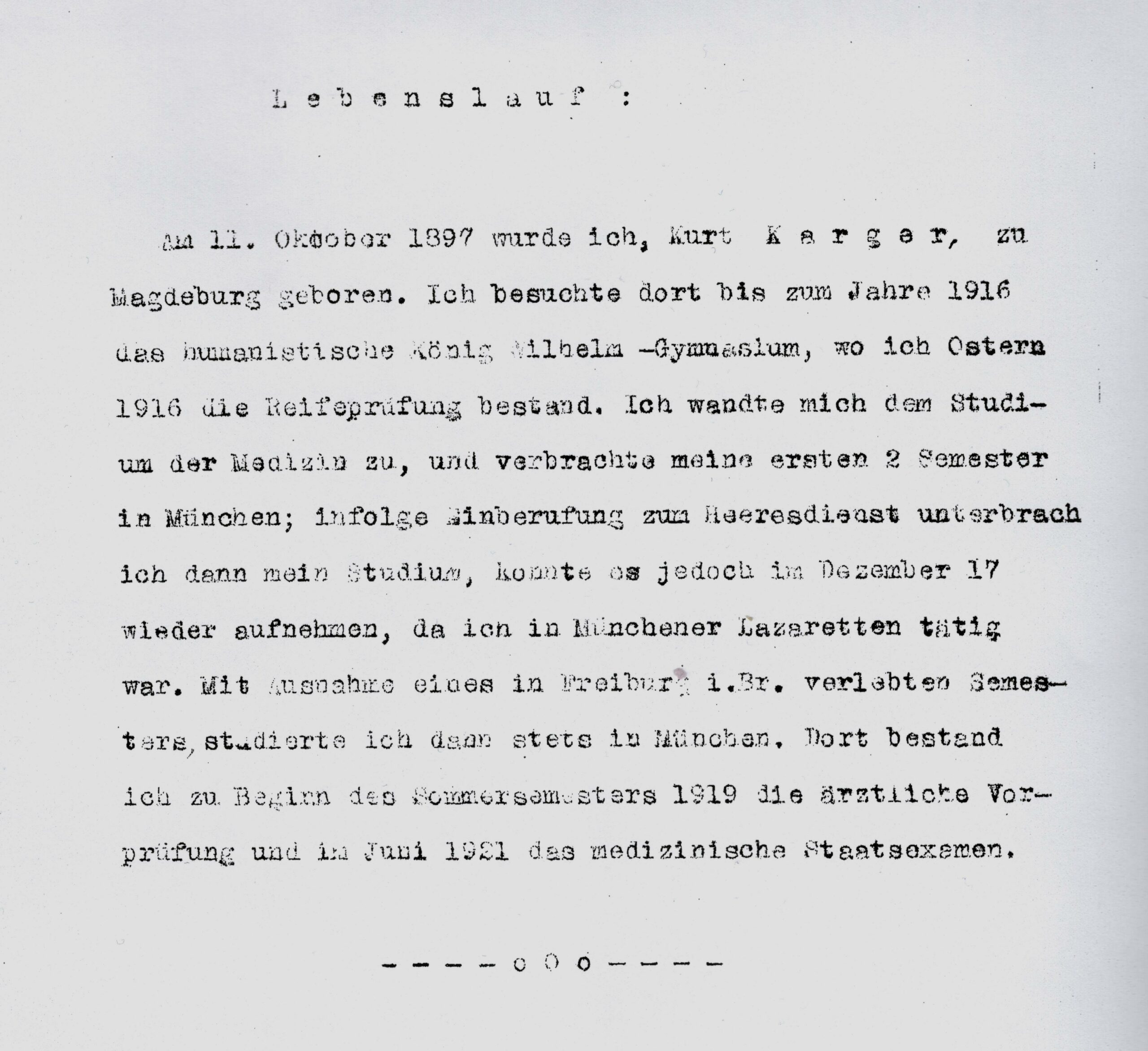 Lebenslauf Kurt Kargers, Dissertation, München 1921