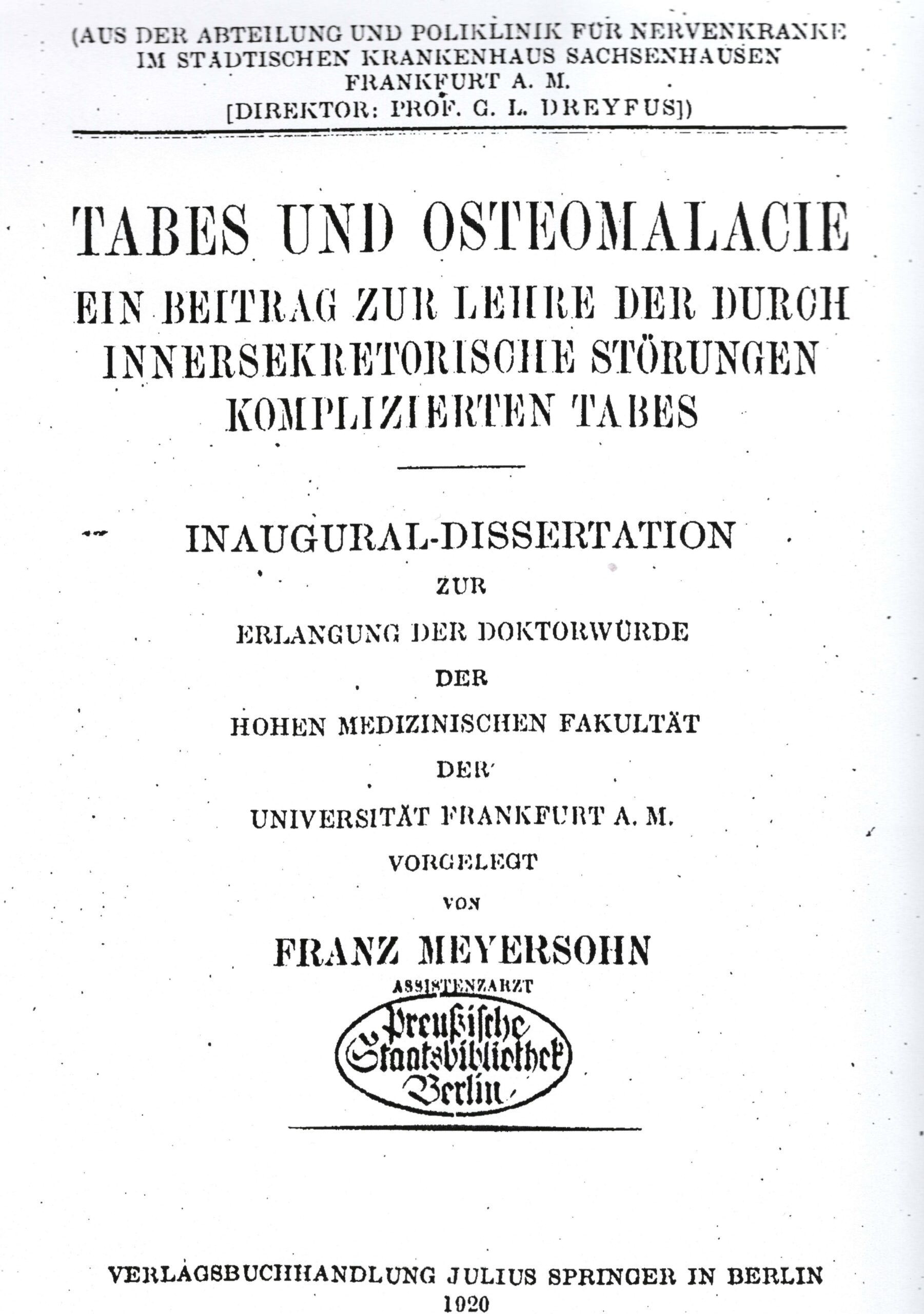Dissertation, Frankfurt 1920