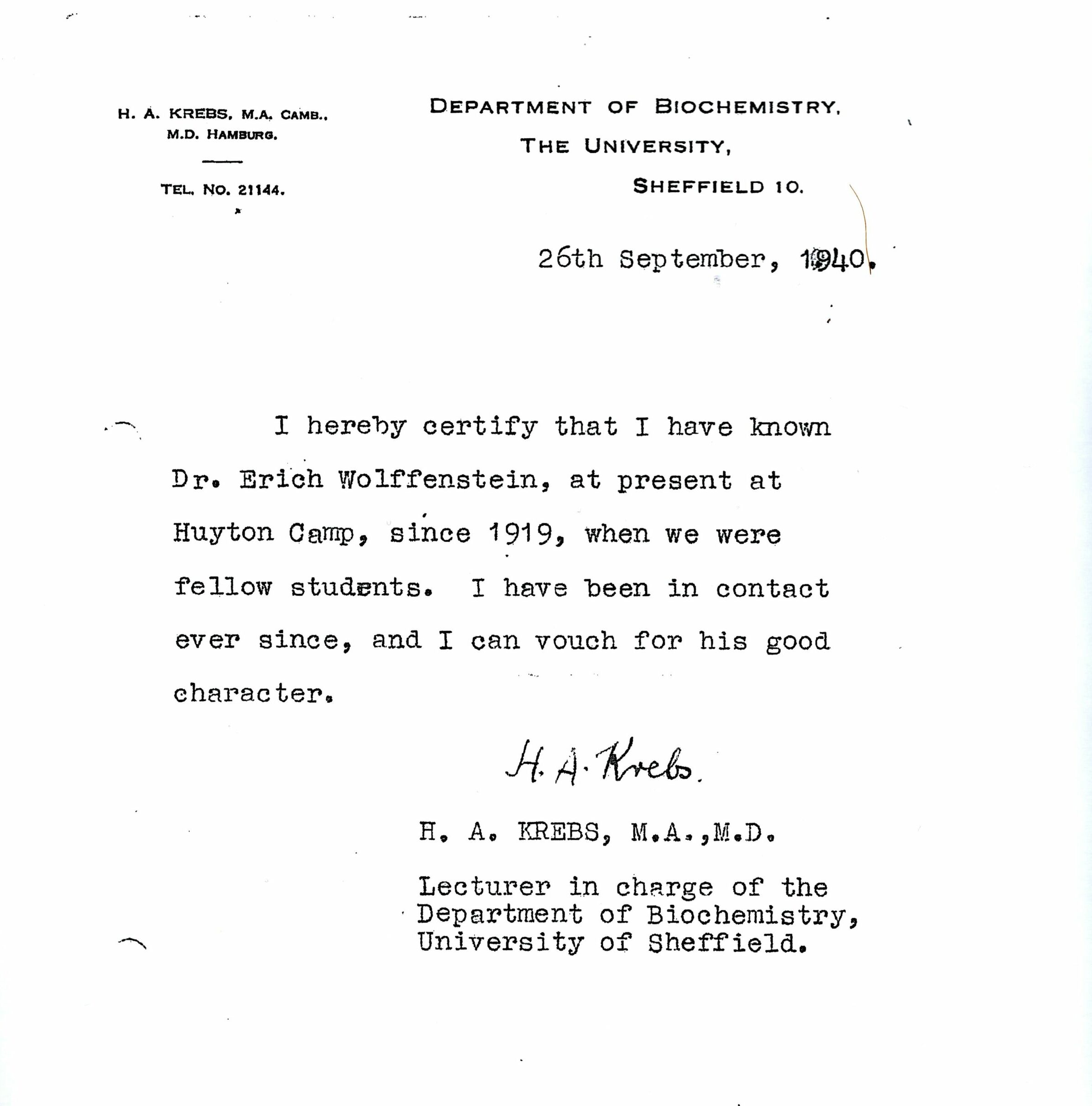 Letter of recommendation from the biochemist and later Nobel Prize laureate Hans Krebs, <br> 1940 © Instanes Family