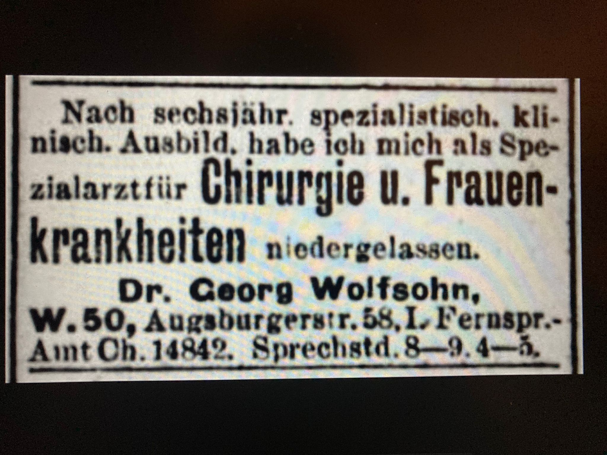 Announcement of the establishment of his practice, Berliner Tageblatt, 12 April 1910