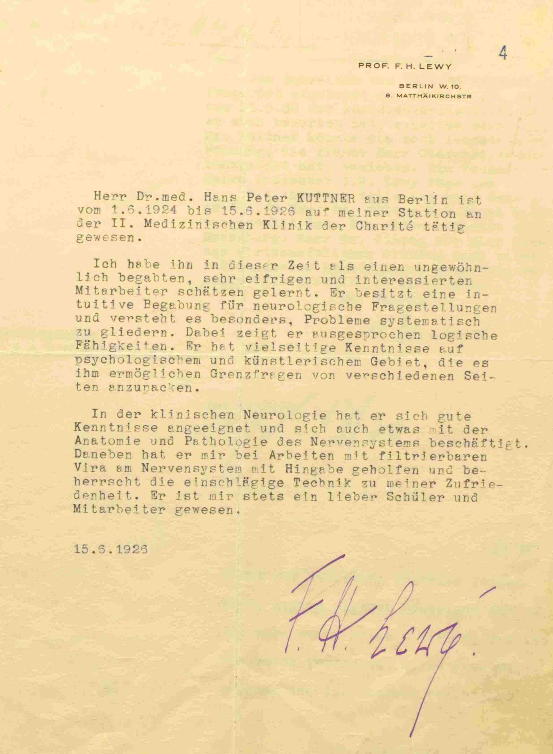 Empfehlungsschreiben für H.-P. Kuttner von Fritz Lewy, 1925, Landesarchiv Sachsen-Anhalt Sign. C 92 Nr. 5927, Personalakte H.-P. Kuttner, 