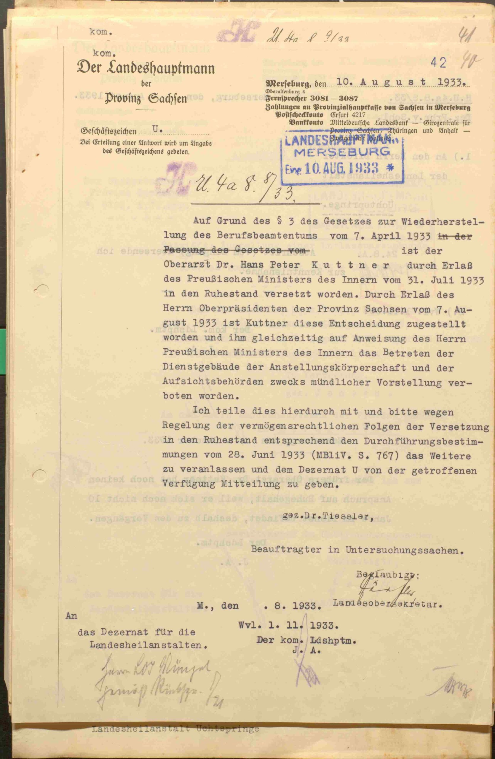 Entlassungsschreiben H.-P. Kuttners durch den Landeshauptmann, Provinz Sachsen, August 1933, Landesarchiv Sachsen-Anhalt Sign. C 92 Nr. 5927, Personalakte H.-P. Kuttner