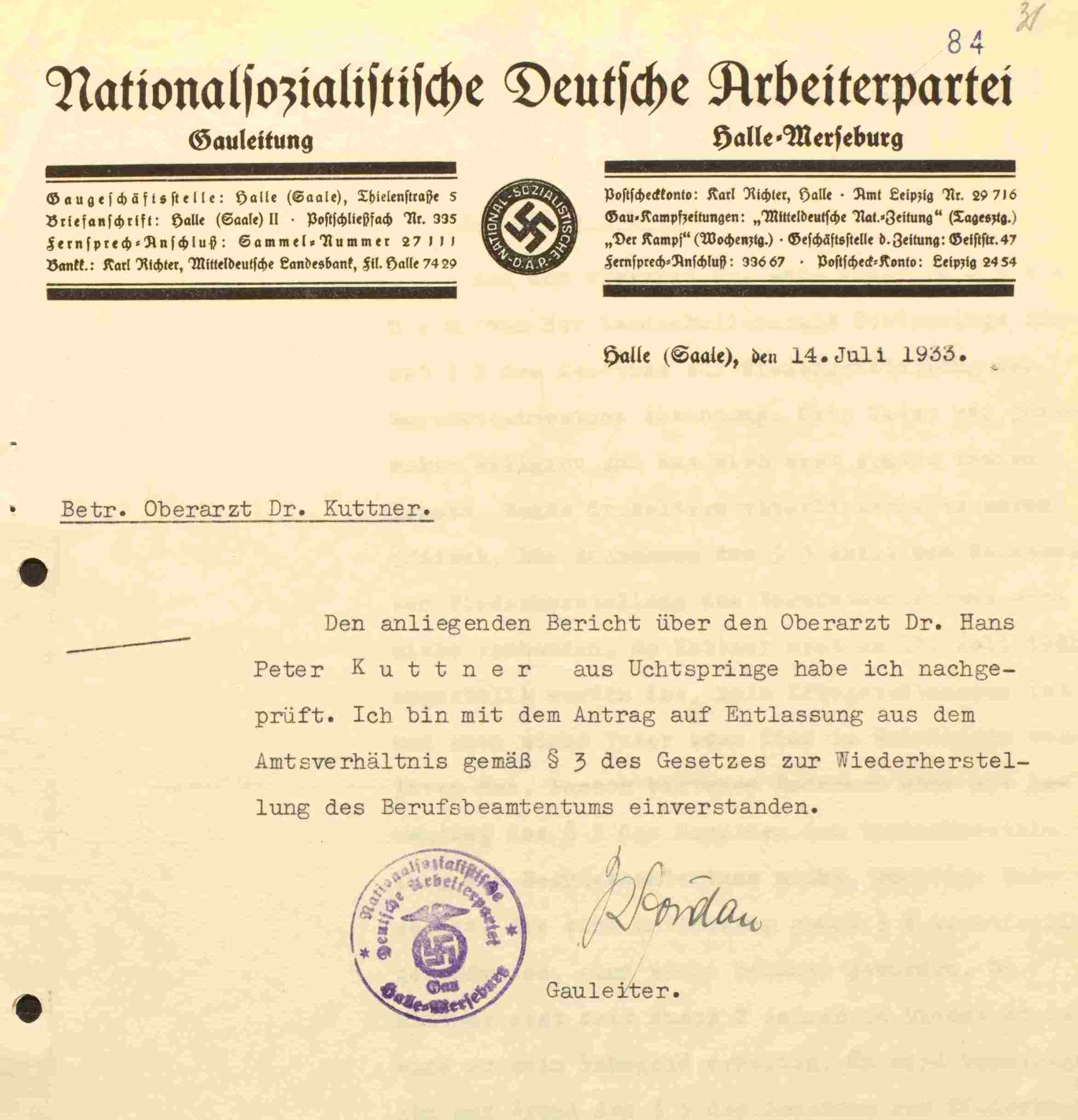 Entlassungsschreiben, Juli 1933, Landesarchiv Sachsen-Anhalt Sign. C 92 Nr. 5927, Personalakte H.-P. Kuttner