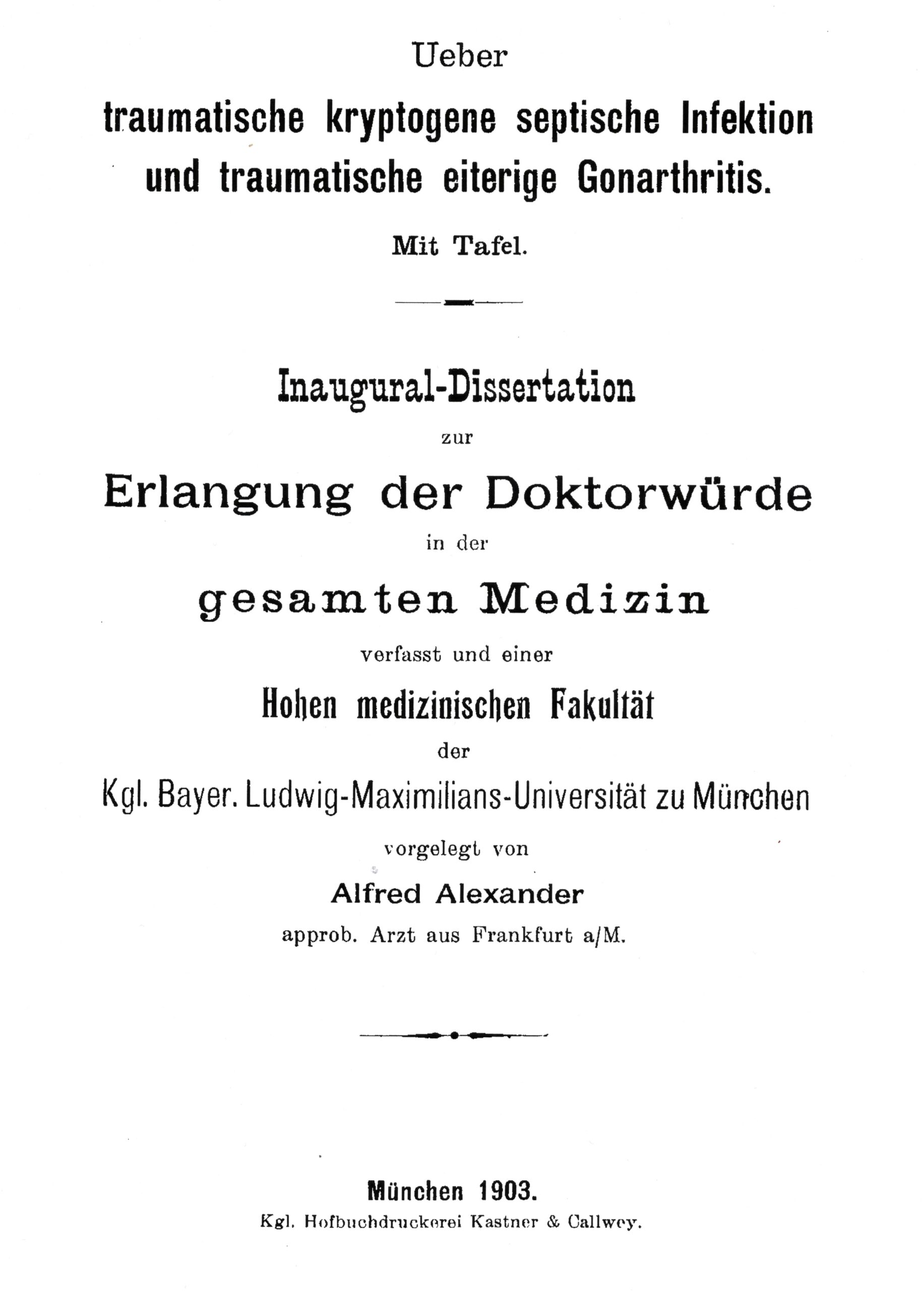 Dissertation, München 1903, Kopie Titelblatt, Archiv H Je