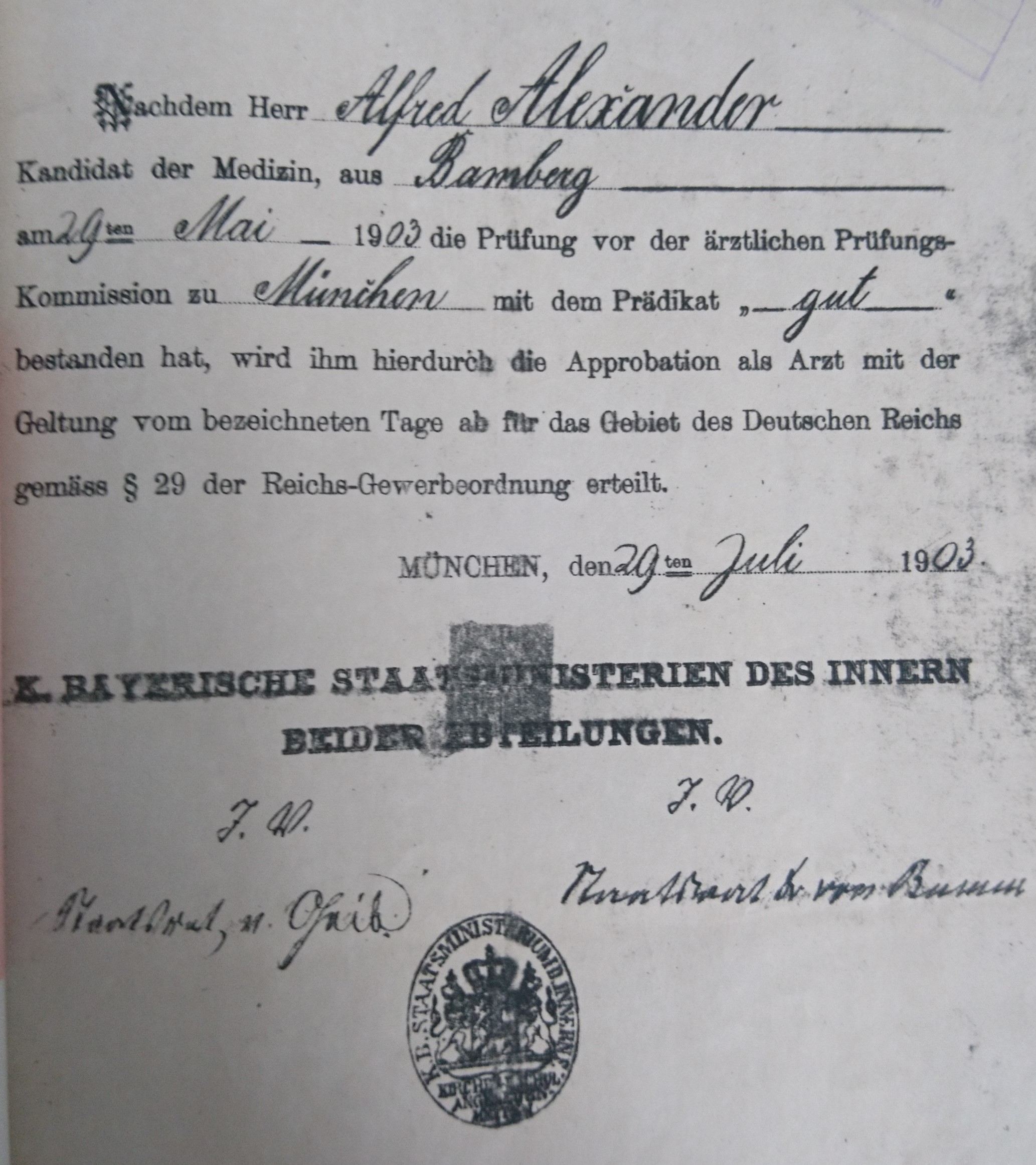 Approbationsurkunde 1903, <br> Bildquelle Entschädigungsbehörde Berlin