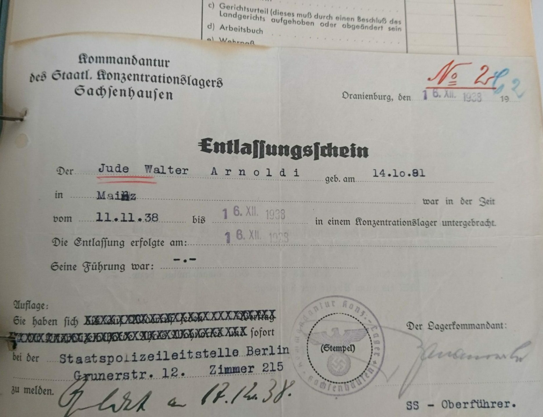 Arnoldi's certificate of release from the Sachsenhausen concentration camp, image source Compensation Authority Berlin