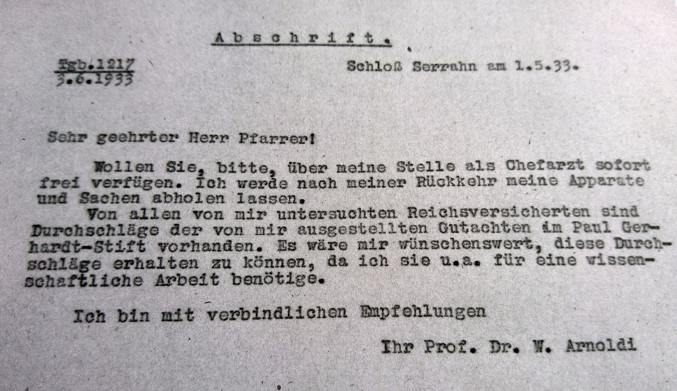 Rücktrittsschreiben Arnoldis 1933, Quelle Archiv Paul Gerhard Stift