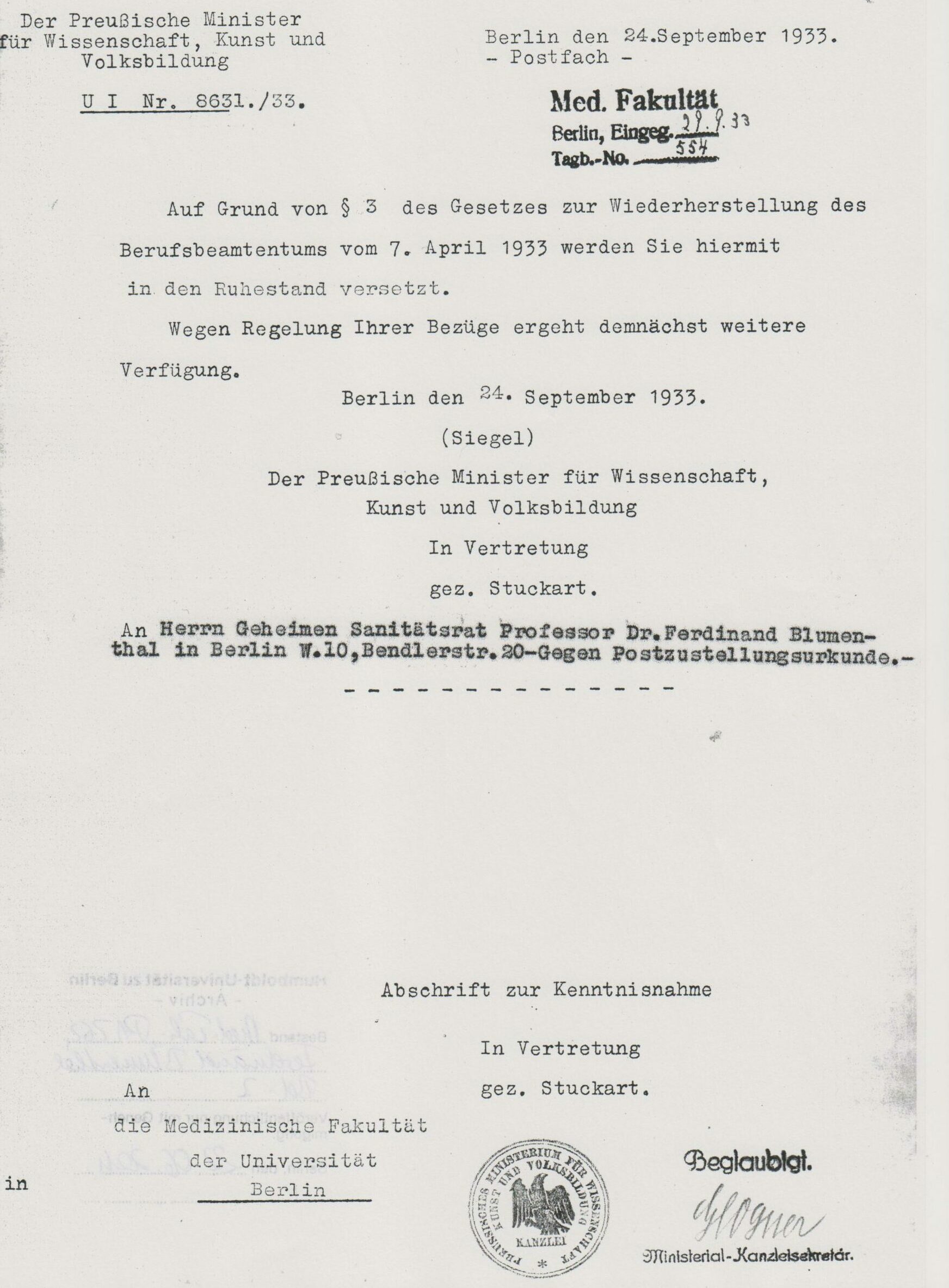 Entlassung Friedrich-Wilhelms-Universität Berlin, September 1933, Archiv Humboldt-Universität Berlin, Personalakte Blumenthal