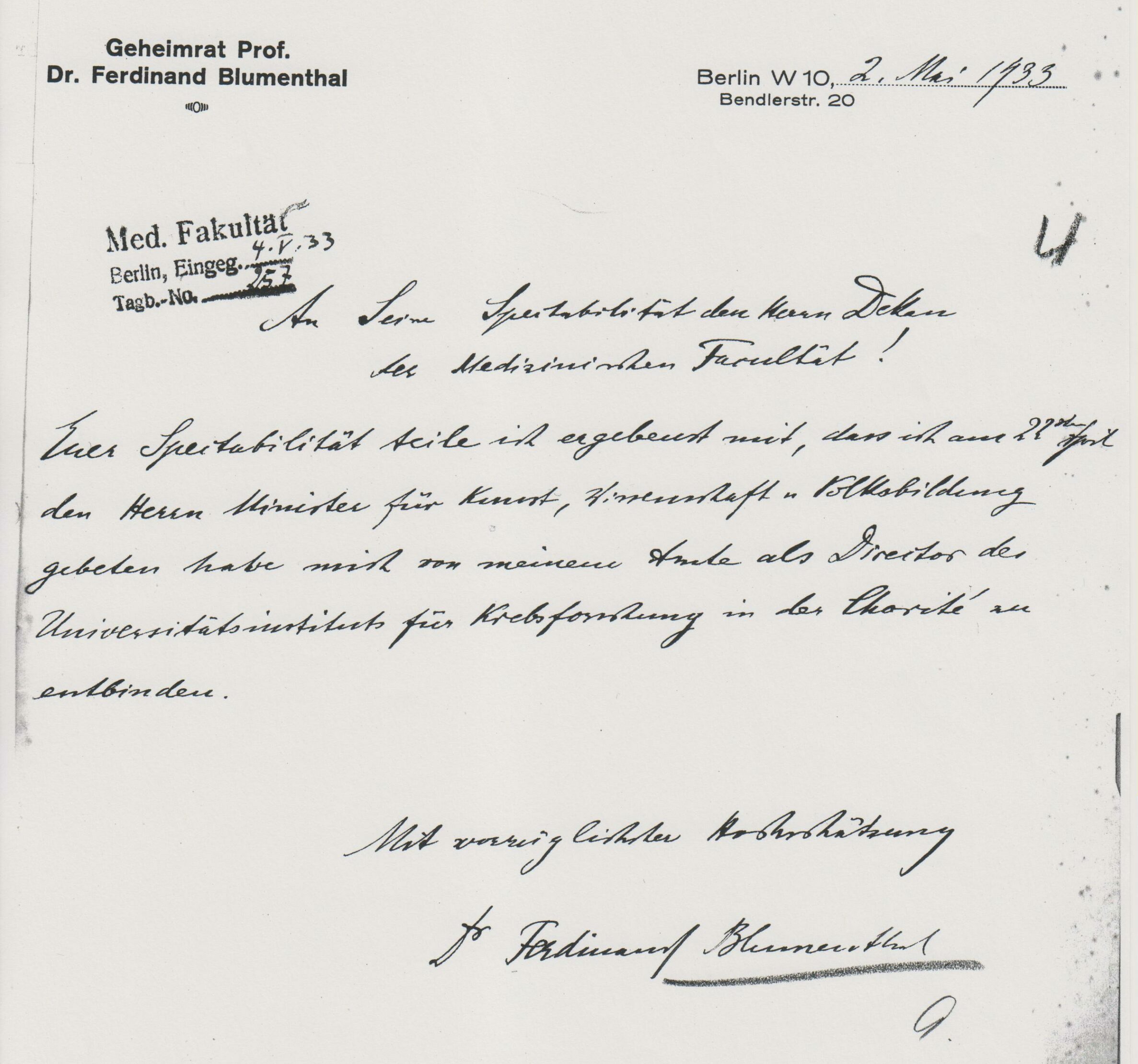 Rücktrittsschreiben an den Dekan der Medizinischen Fakultät, Mai 1933, Archiv Humboldt-Universität Berlin, Personalakte Blumenthal