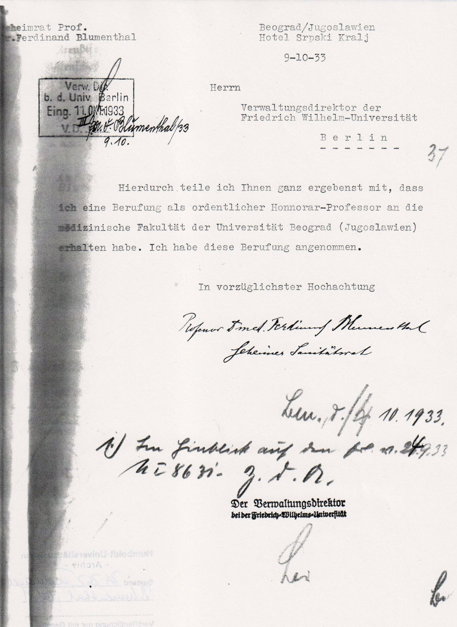 Schreiben Blumenthals an die Berliner Universität über seine Berufung nach Belgrad, Oktober 1933, Archiv Humboldt-Universität Berlin, Personalakte Blumenthal