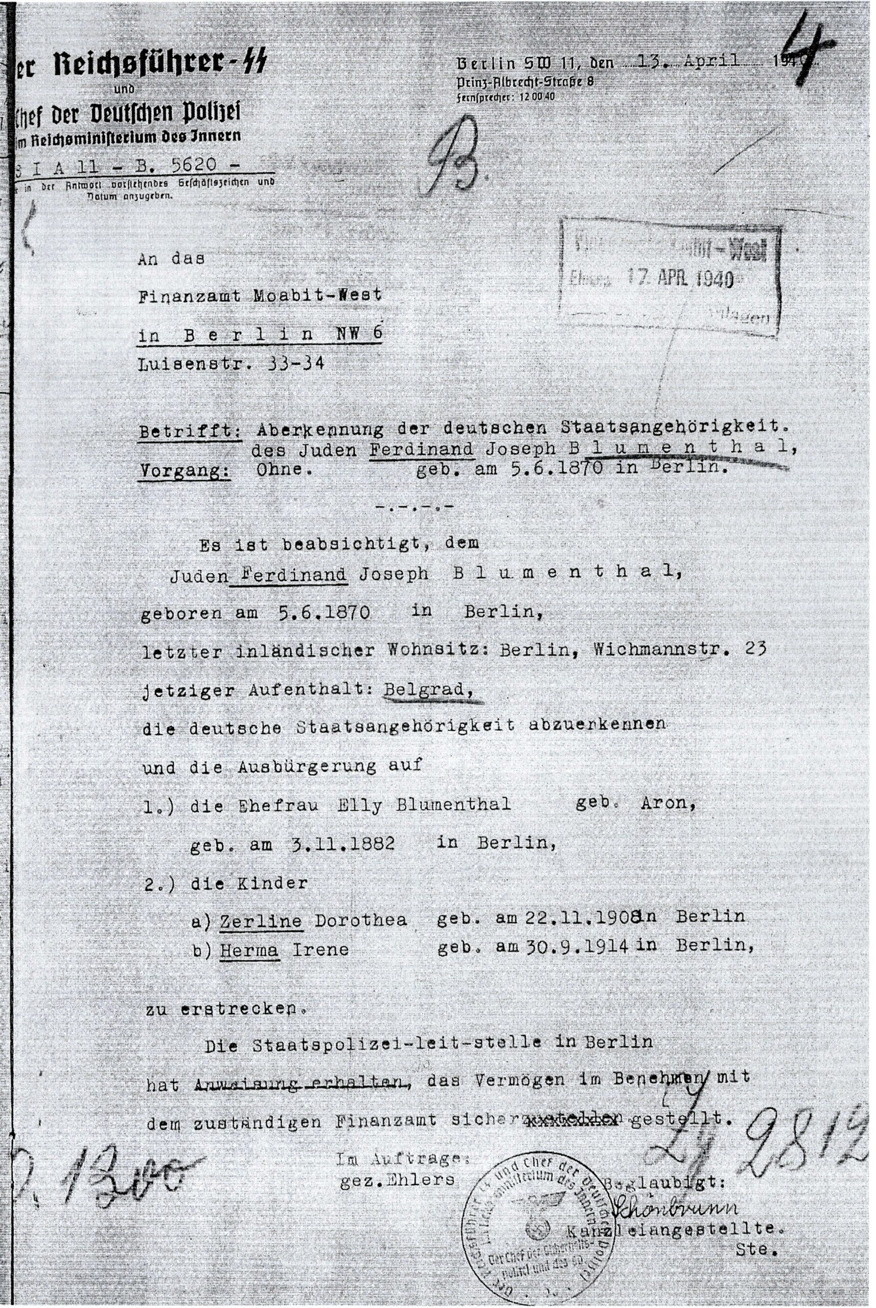 Aberkennung der Deutschen Staatsbürgerschaft, April 1940, Brandenburgisches Landeshauptarchiv, Potsdam