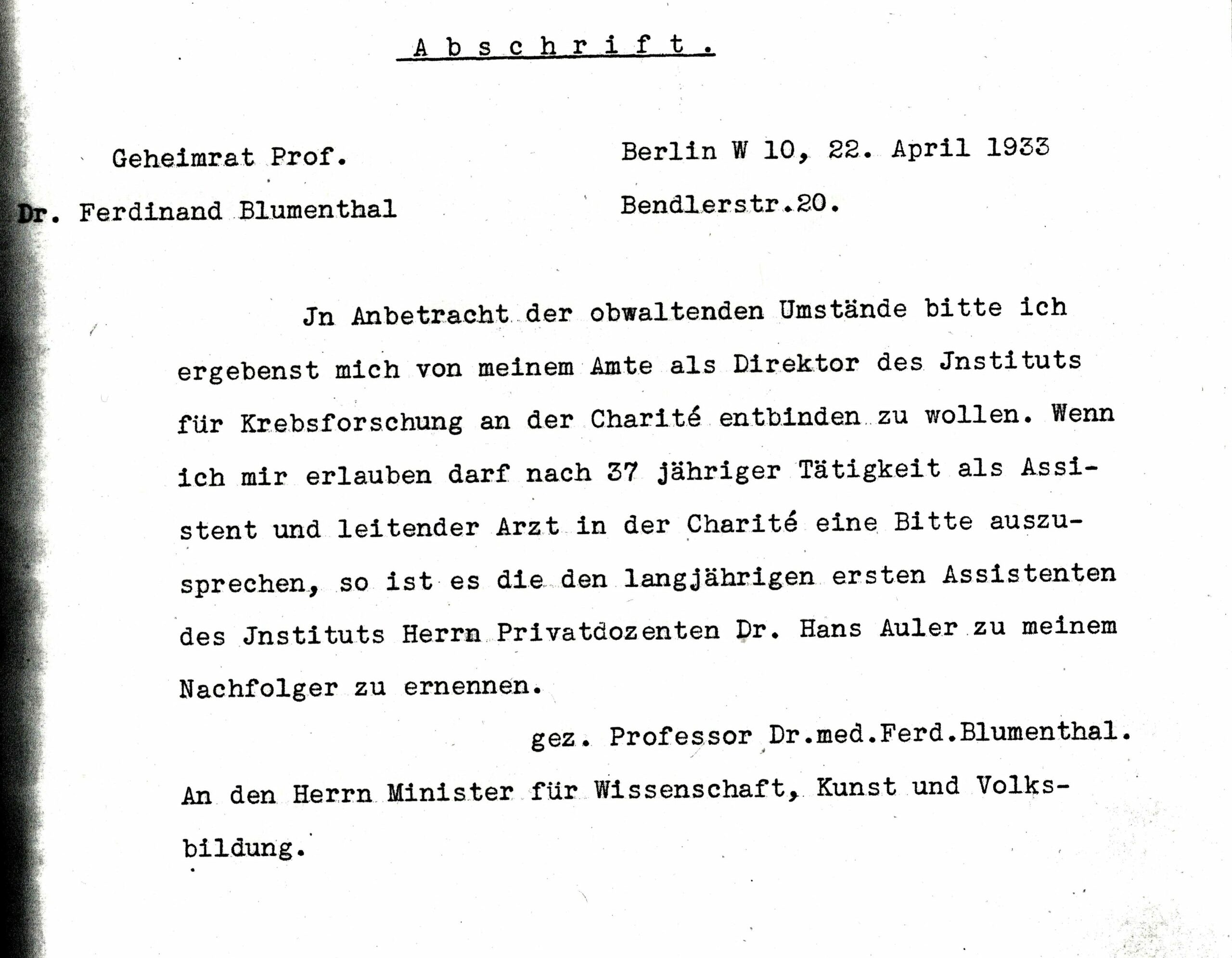 Rücktrittsscheiben an den Minister, April 1933, Archiv Humboldt-Universität Berlin, Personalakte Blumenthal