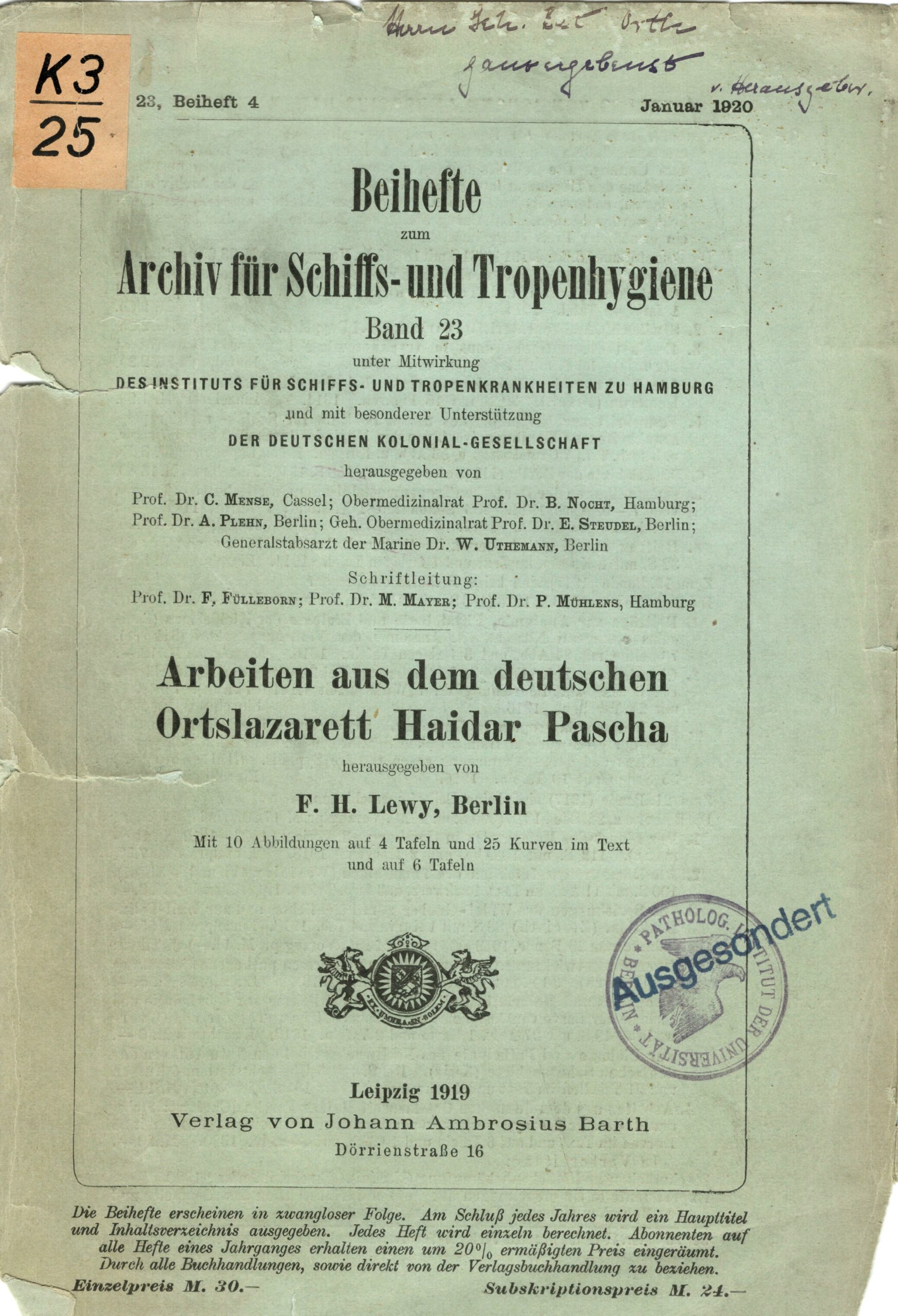 Diese Schrift von 1919 widmete Lewy dem Berliner Pathologen Johannes Orth, Archiv H Je