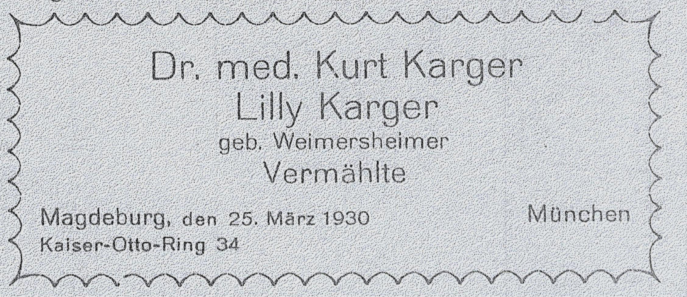 Heiratsannonce Kurt und Lilly Karger Jüdisches Wochenblatt für Magdeburg und Umgebung 1930 © Stadtbibliothek Magdeburg