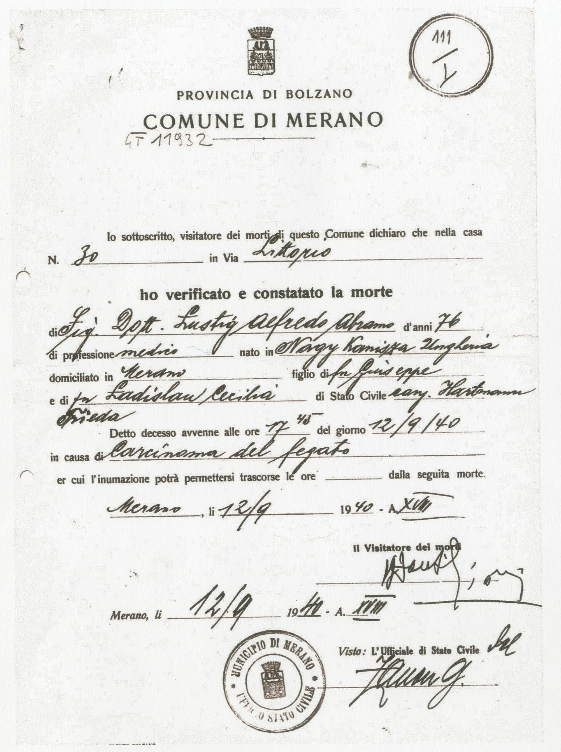 Death certificate 1940, SAM-GT11932 death certificate (Merano Municipal Archives)