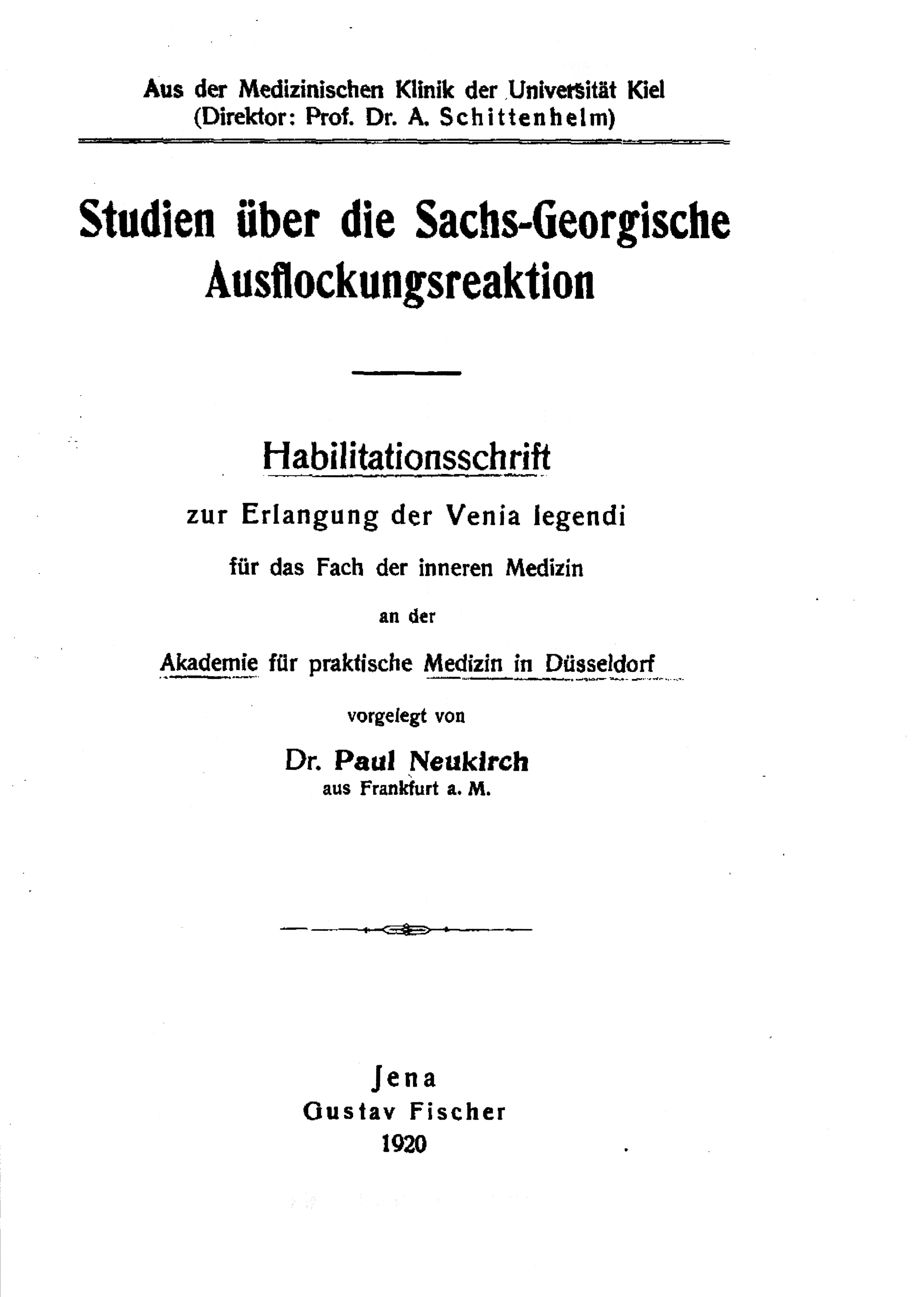 Habilitationsschrift, Düsseldorf 1920