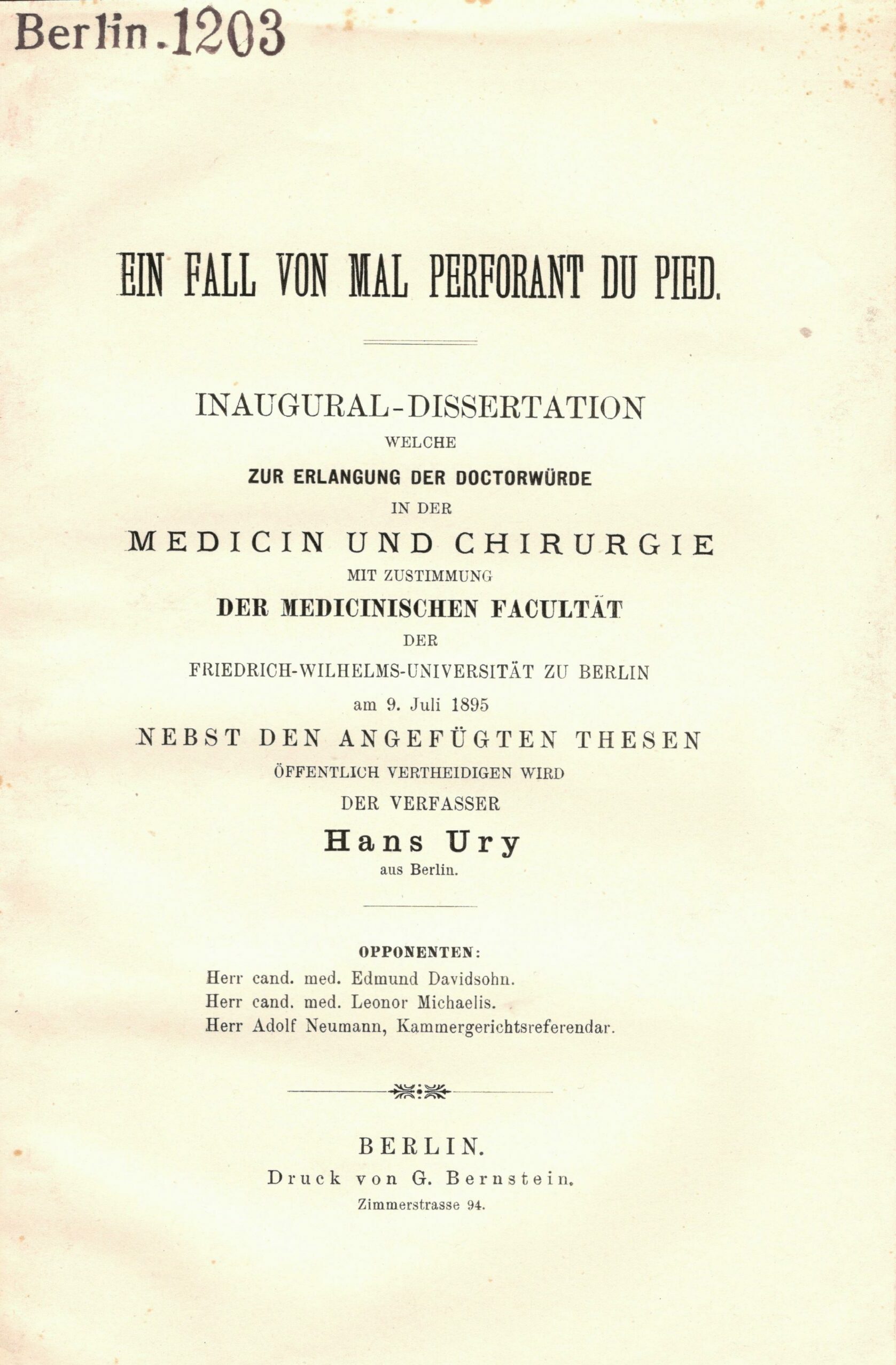 Dissertation, Berlin 1895, <br> Archive H Je 