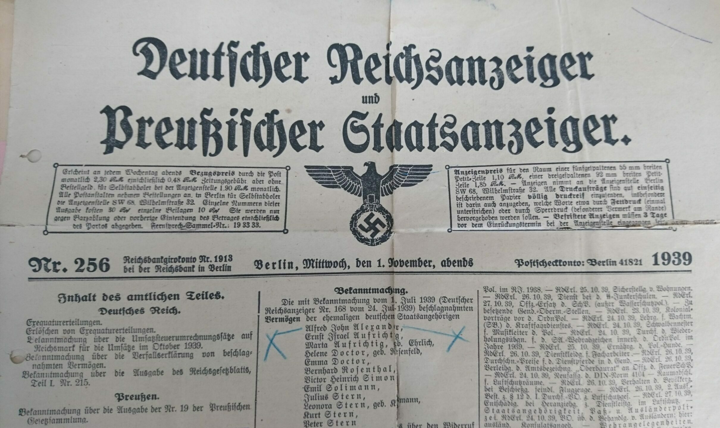 Confiscation of Alexander's property and revocation of his German citizenship in 1939, image source Entschädigungsbehörde (Compensation Authority) Berlin