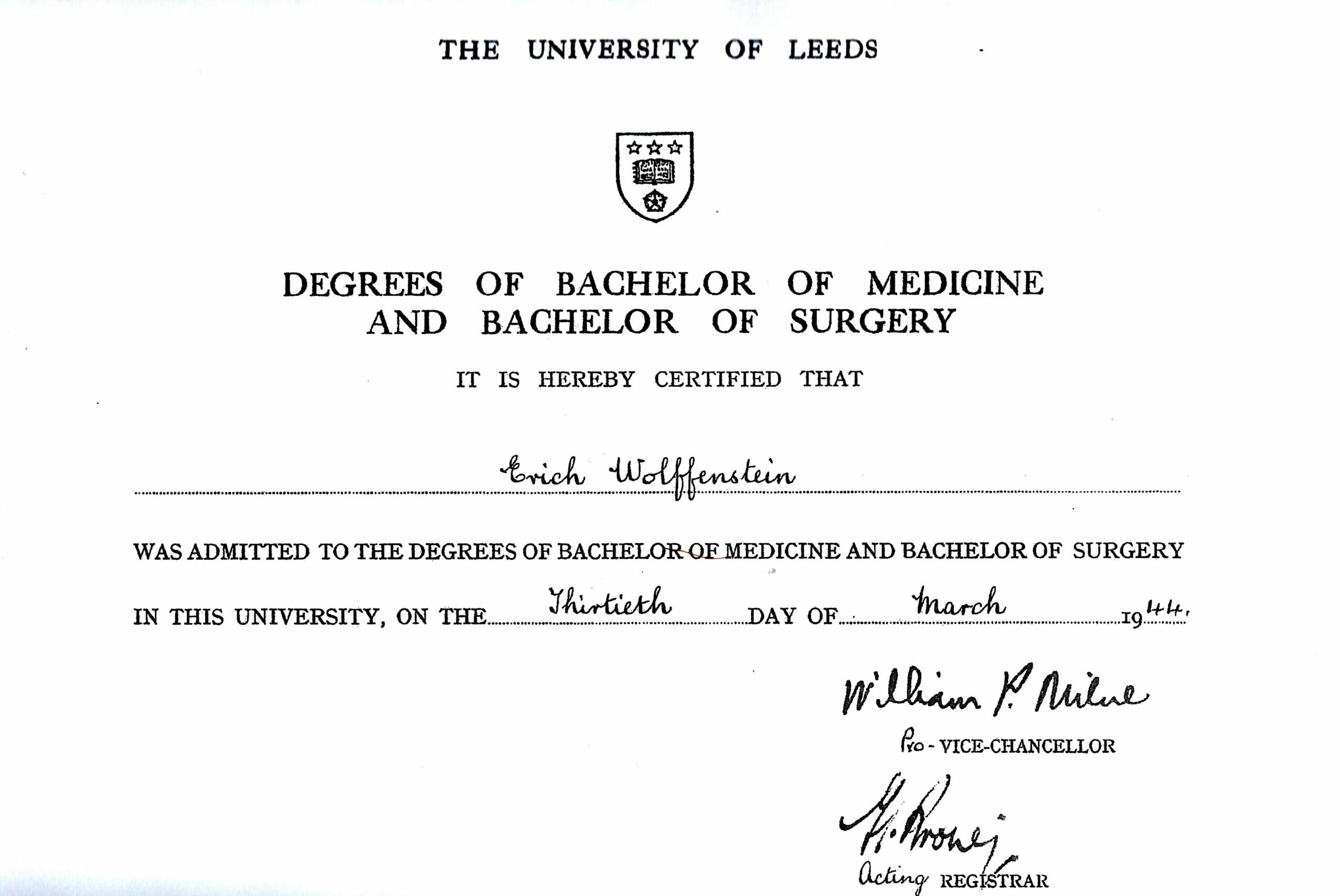 Certificate of the University of Leeds, <br> 1944 © Instanes Family