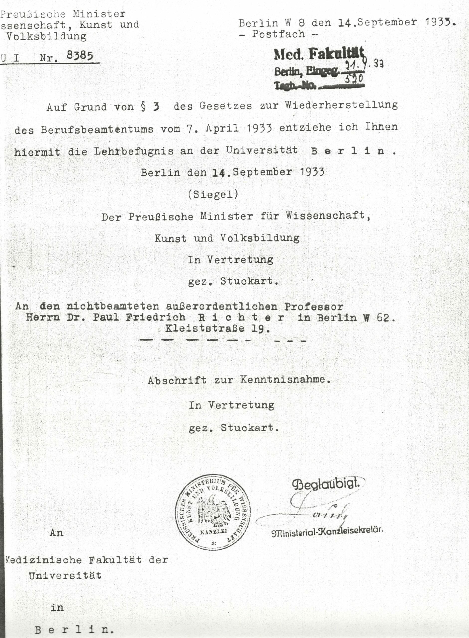 Entzug der Lehrbefugnis 1933, <br> Quelle: Archiv Humboldt Universität Berlin, Med. Fak. 1478, Bl. 129