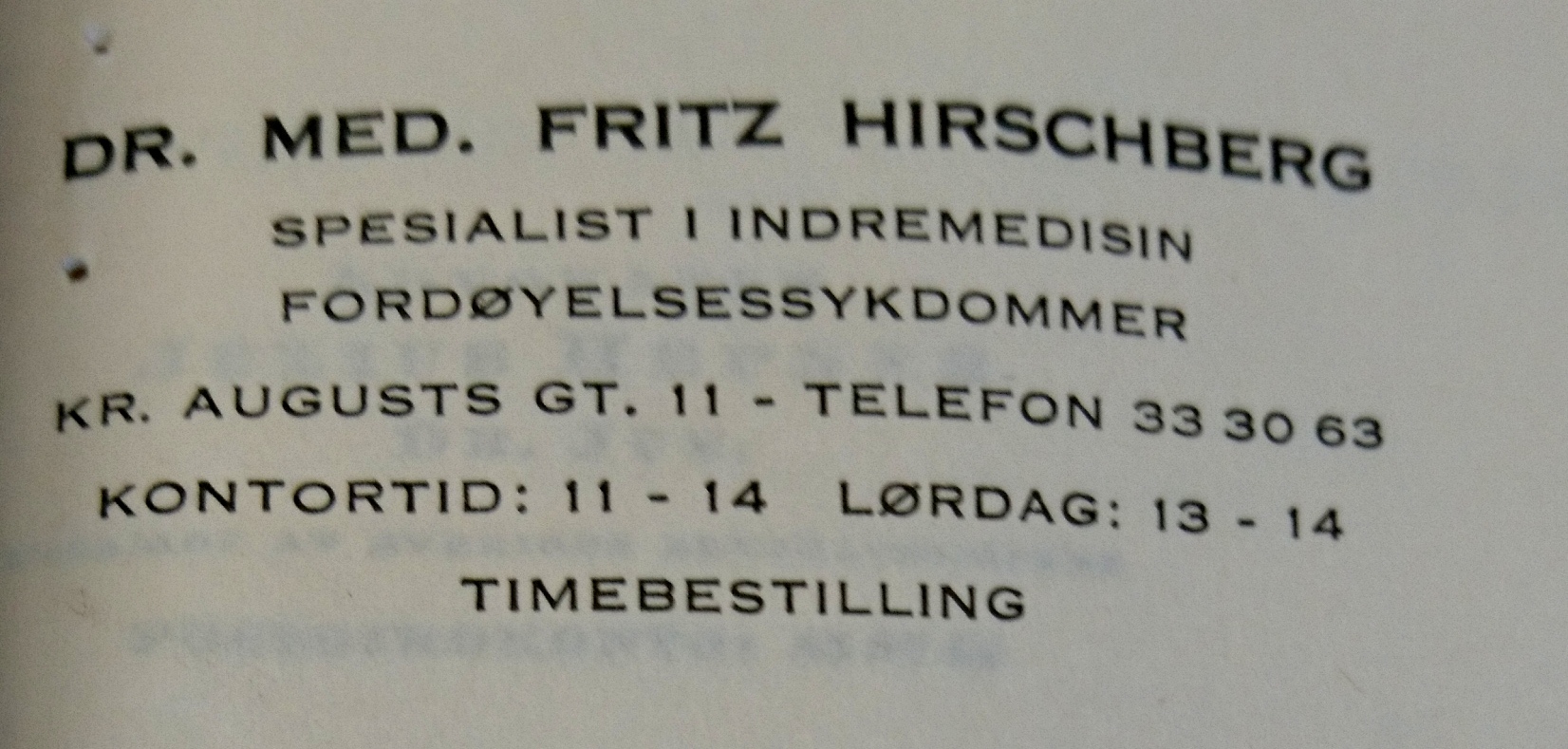 Hirschbergs Praxisanschrift in Oslo in den 1950er Jahren, Quelle: Entschädigungsbehörde Berlin, Entschädigungsakte 