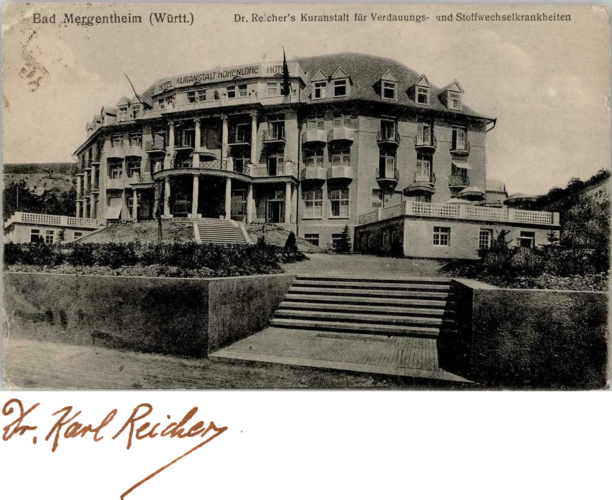 Karl Reichers Hotel Kuranstalt Hohenlohe und Unterschrift, <br> Bildquellen Archiv H Je und Staatsarchiv Ludwigsburg, Sign. PL 502/20 Bü 296