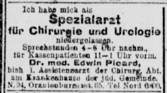 Announcement of the establishment of his practice, Berliner Tageblatt, 01 December 1922