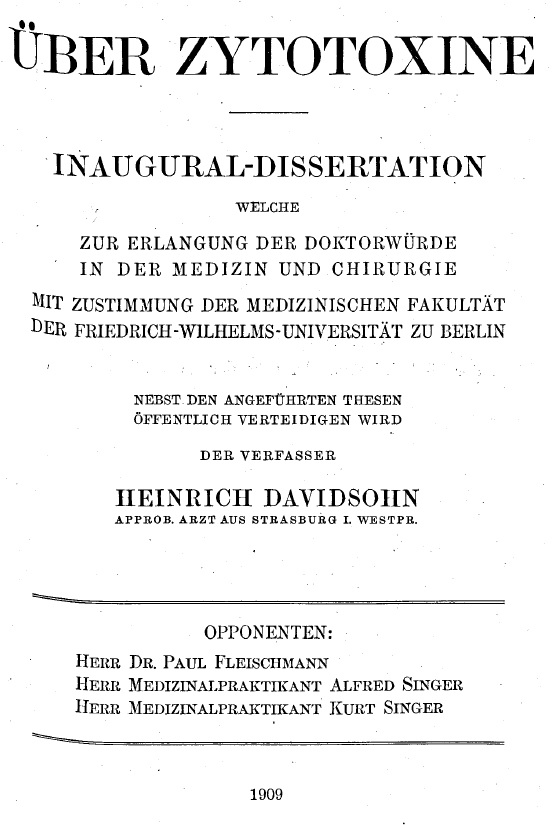 Dissertation, Berlin 1909, Kopie des Titelblatts, Archiv H Je