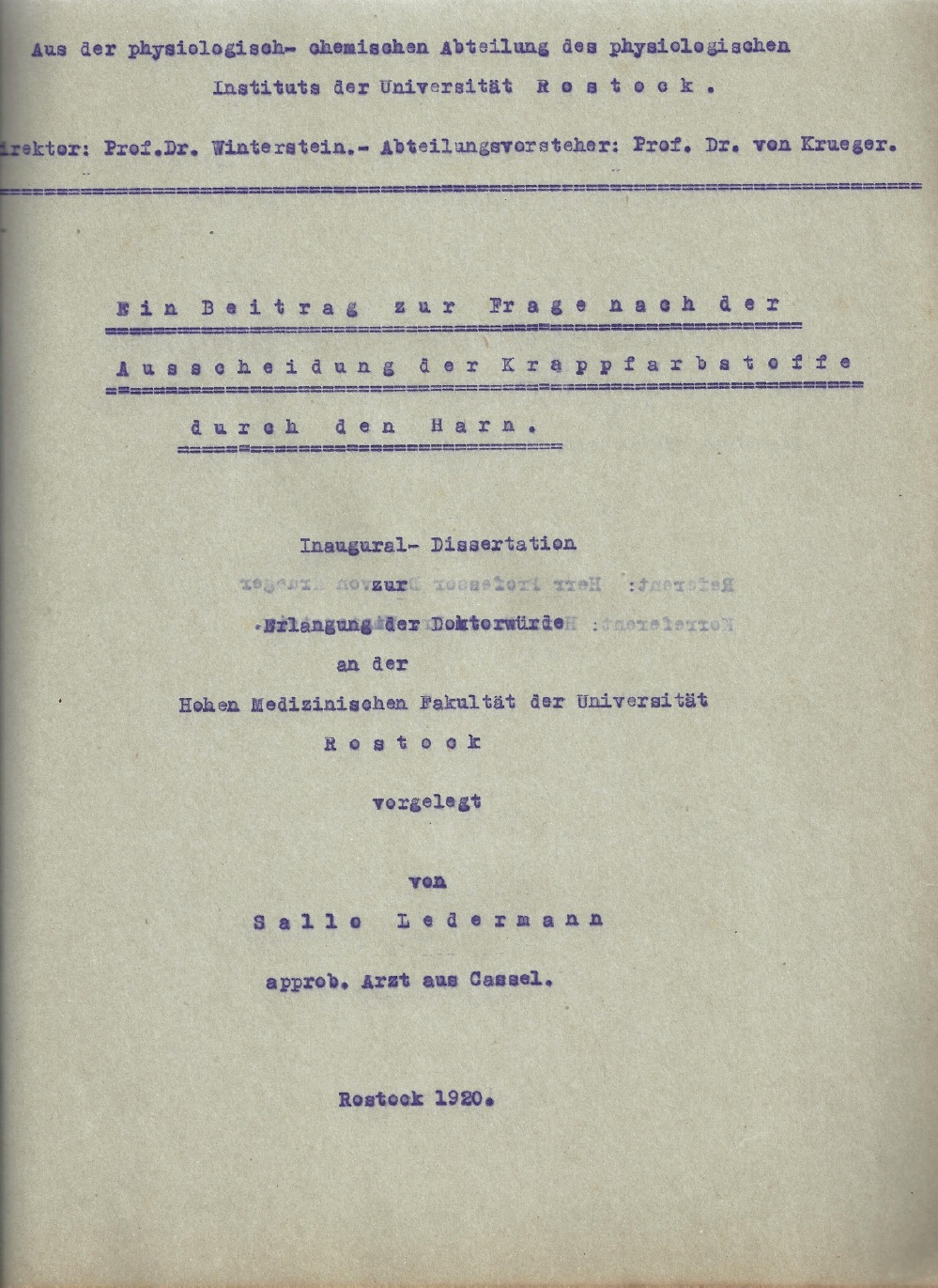 Dissertation 1920, doctoral file, Rostock University Archives, Faculty of Medicine, 89, files concerning the doctorate of the licensed physician Sallo Ledermann from Cassel