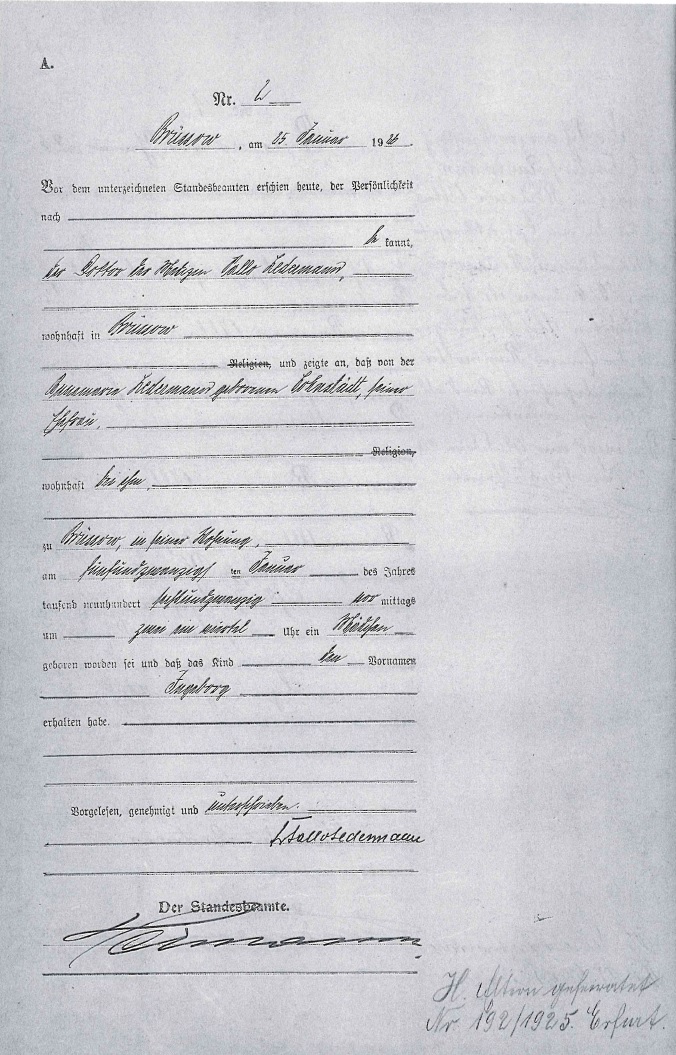 Birth certificate of Ingeborg Ledermann 1926, registry office Brüssow