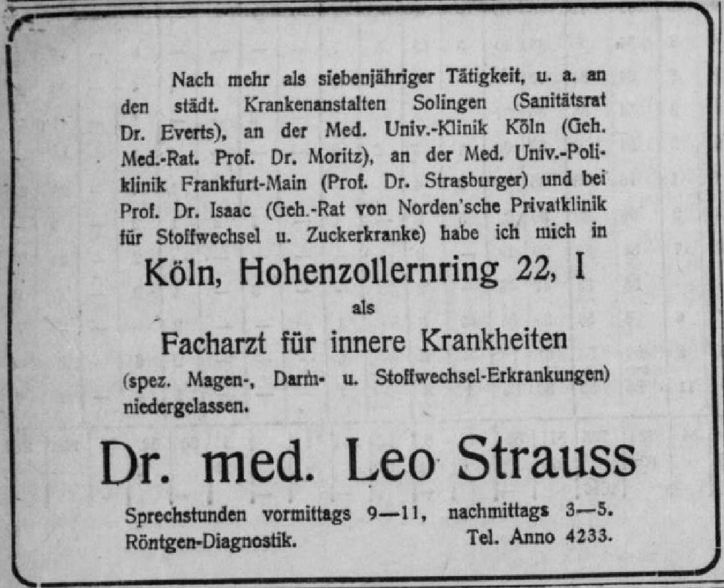 Praxisanzeige, Bergische Zeitung 08.12.1924, Historisches Stadtarchiv Köln, Thomas Deres