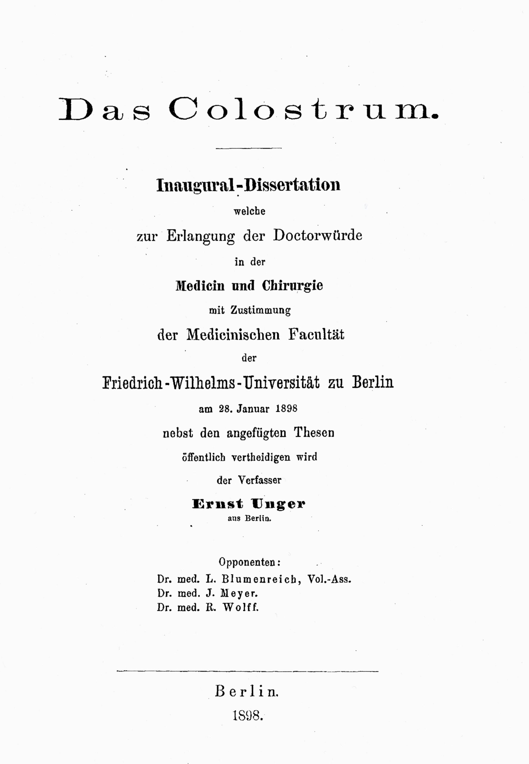Dissertation, Berlin 1898, copy of the title page, Archive H Je