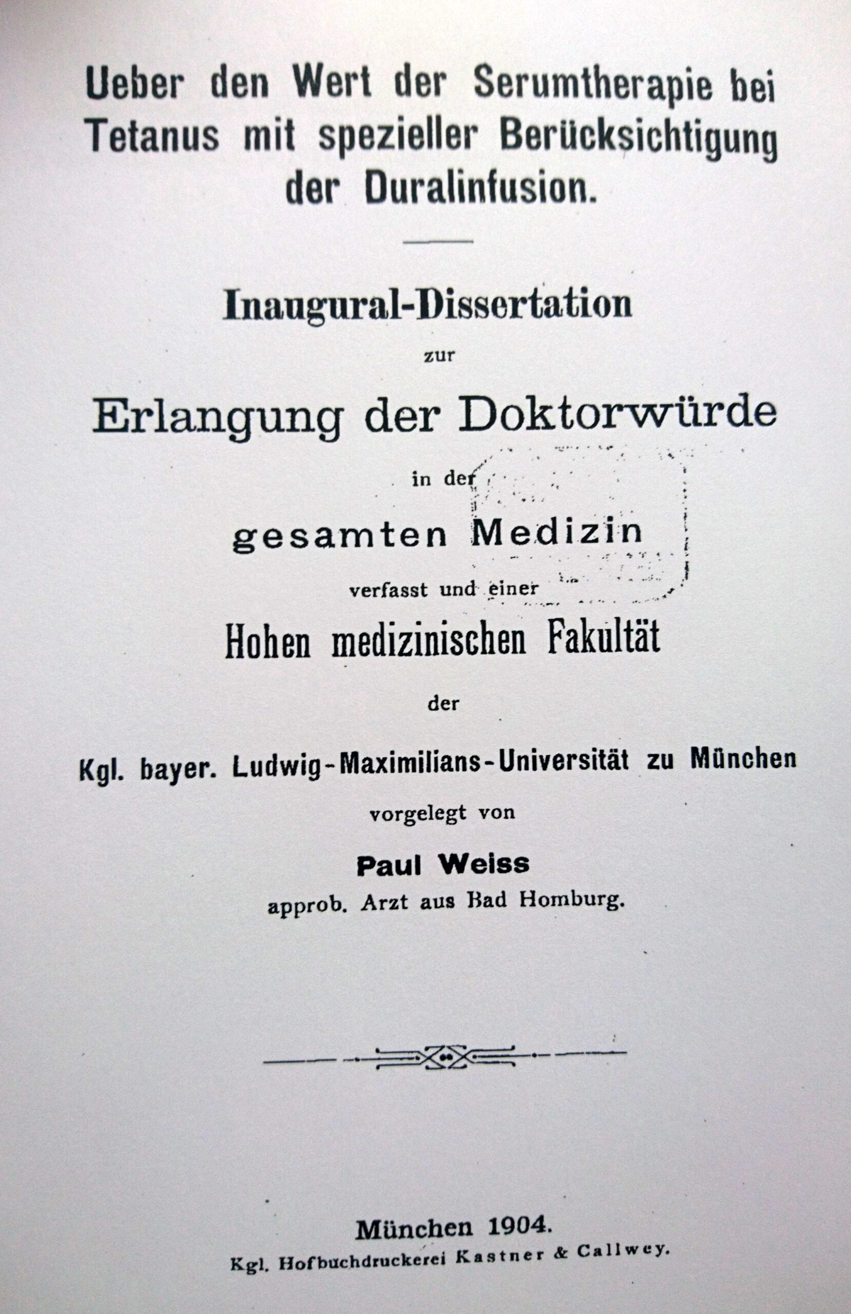 Dissertation 1904, Kopie Titelblatt, Archiv H Je