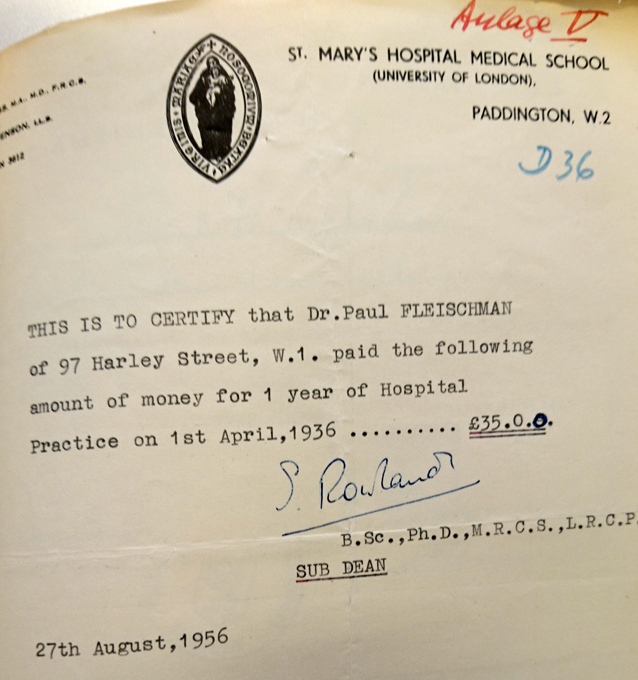 Dokument zur Hospitation, St. Mary Hospital, London, © Toni Glaser, MD, USA