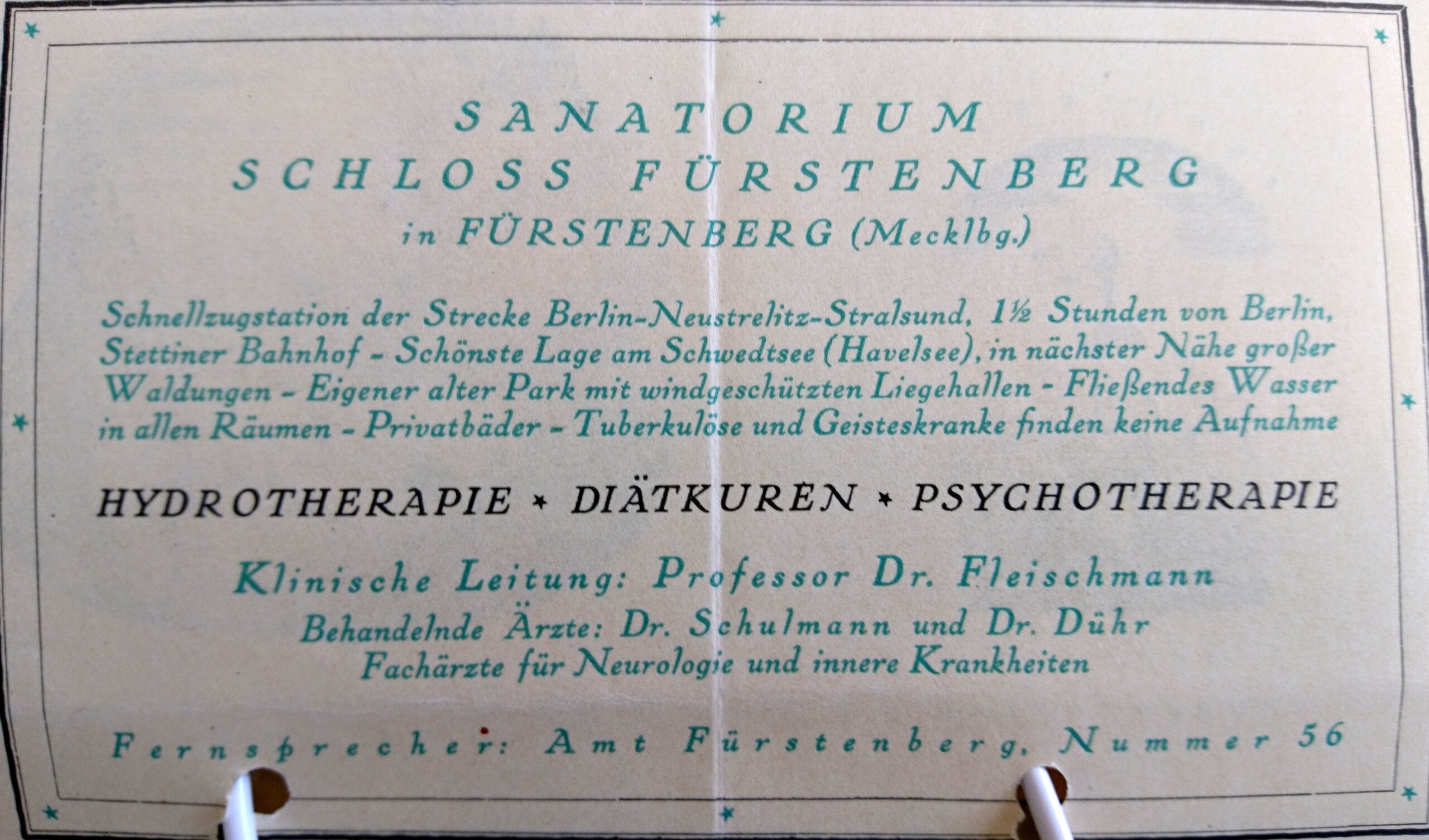 Anzeige für das Sanatorium Fürstenberg, Quelle Landesarchiv Berlin