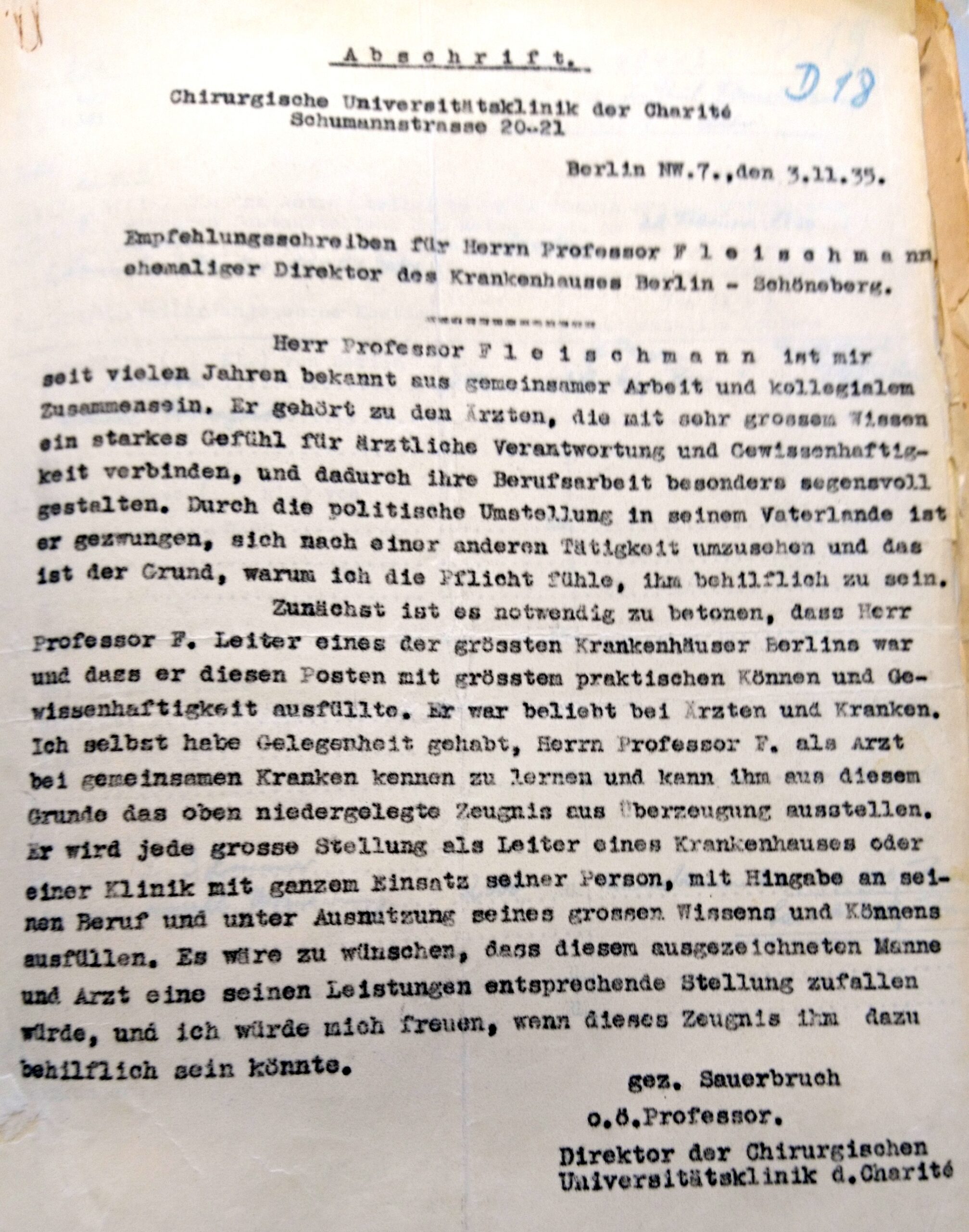 Empfehlungsschreiben Ferdinand Sauerbruchs November 1935, Quelle Entschädigungsbehörde Berlin