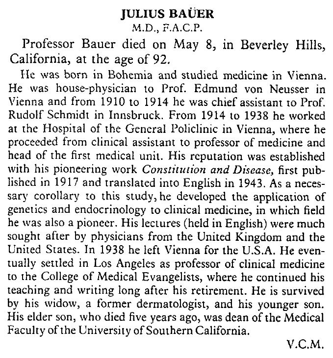 Nachruf auf Julius Bauer, Lancet 1979, Archiv H Je
