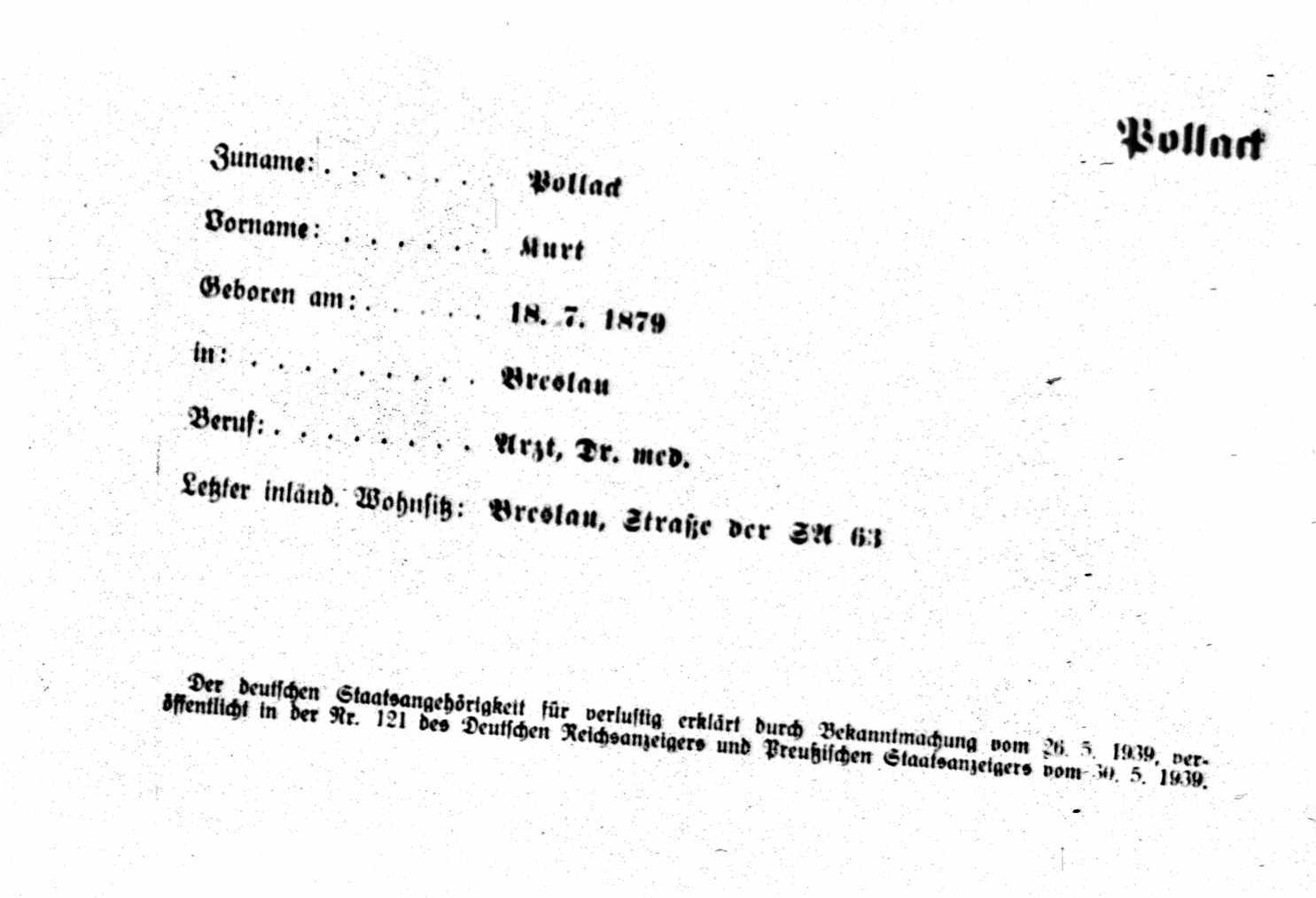 Revocation of German citizenship for Kurt Pollack, copy archive H Je