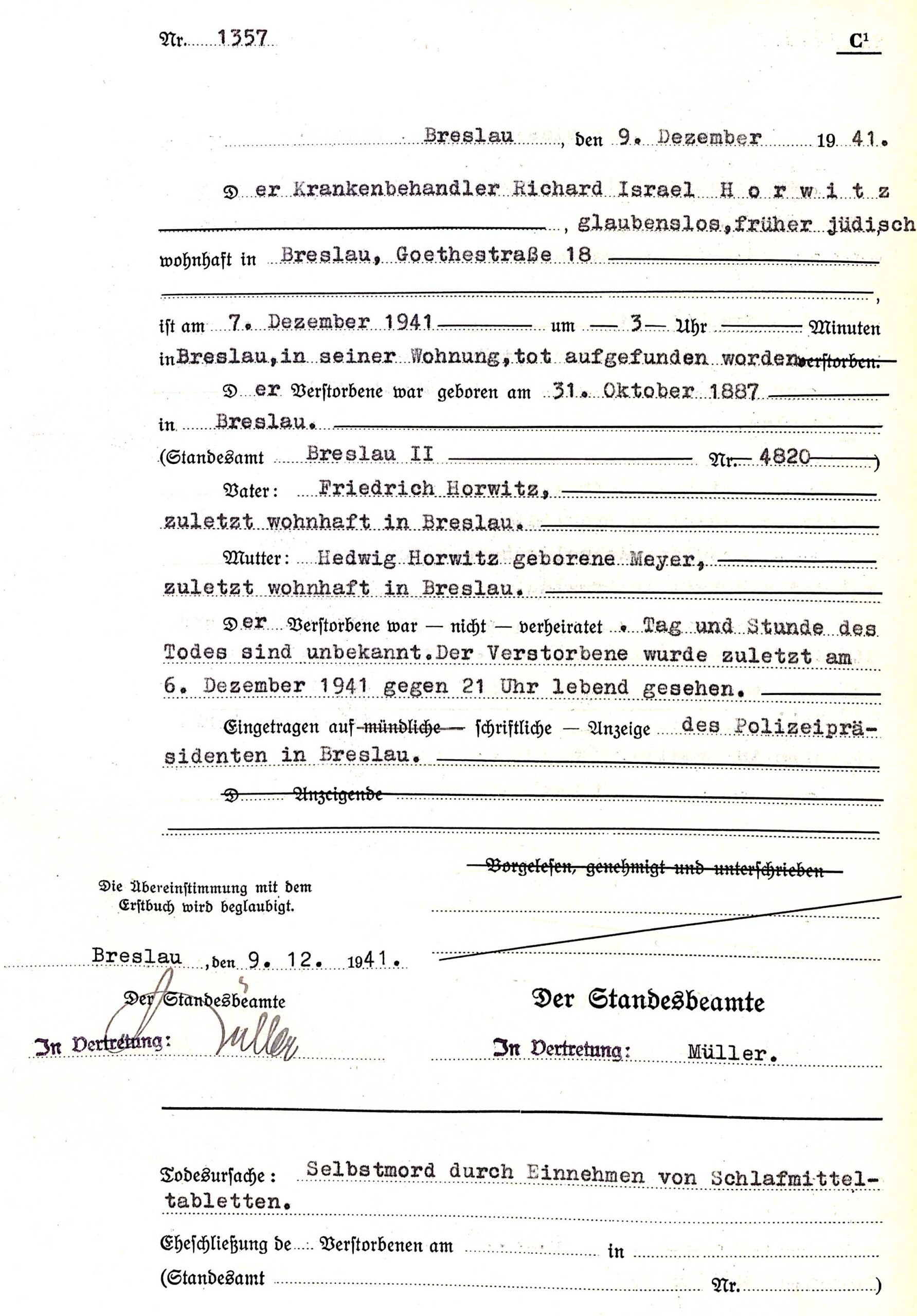 Richard Horwitz, Sterbeurkunde 1941, Ancestry.de