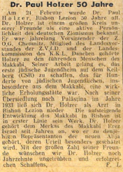 Artikel zum 50.Geburtstag im Mitteilungsblatt Hitachduth Olej Germania 1943
