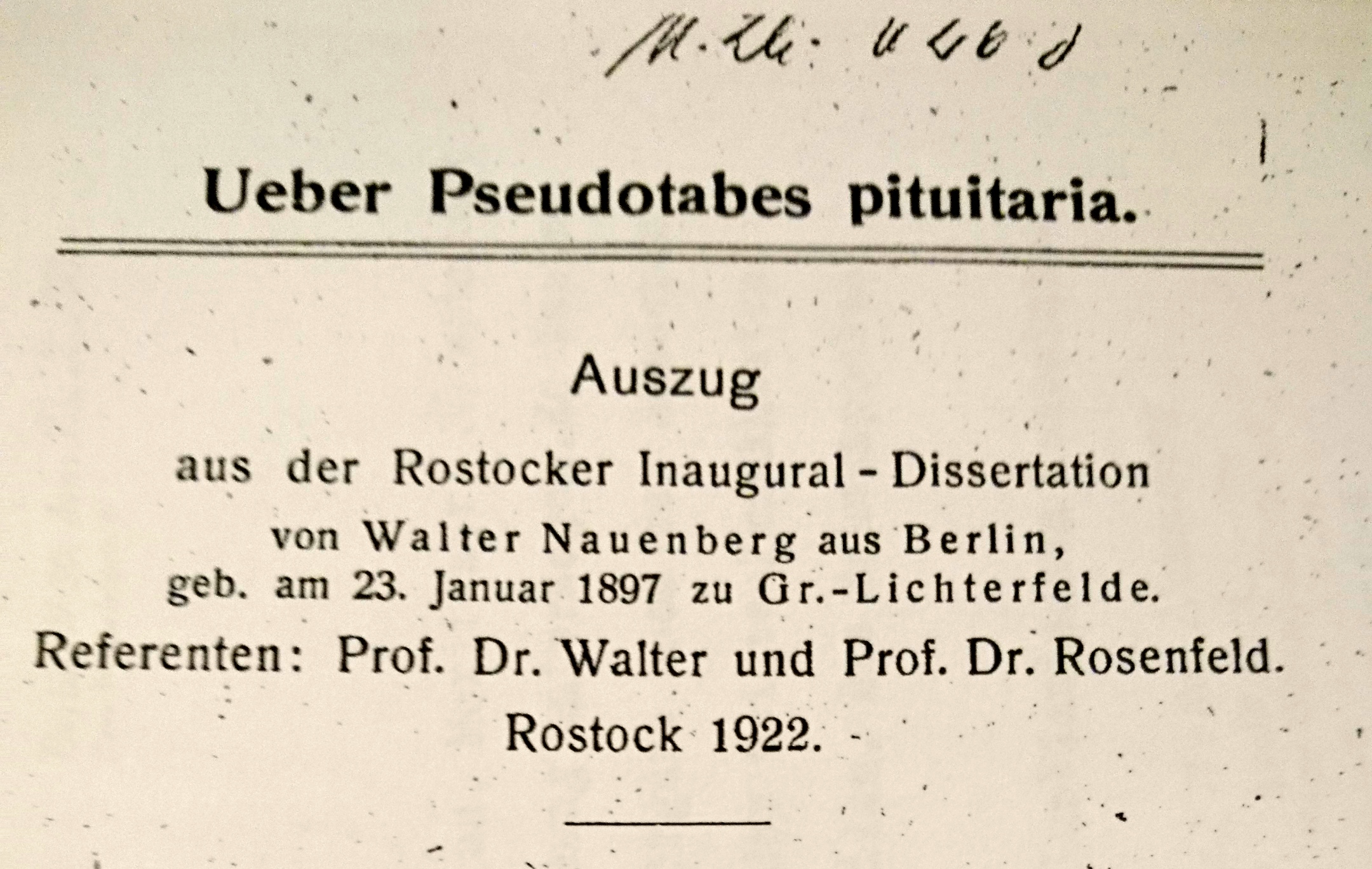 Walter Nauenberg. Dissertation Auszug 1922. Univ. Archiv Rostock