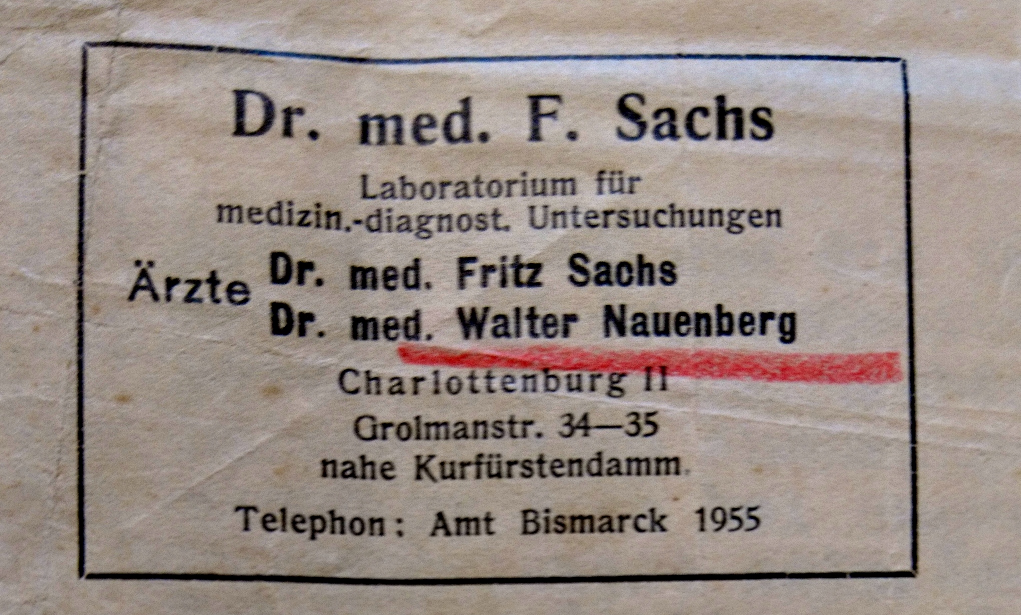 Practice Dr. Fritz Sachs / Dr. W. Nauenberg. Source: Entschädigungsbehörde Berlin