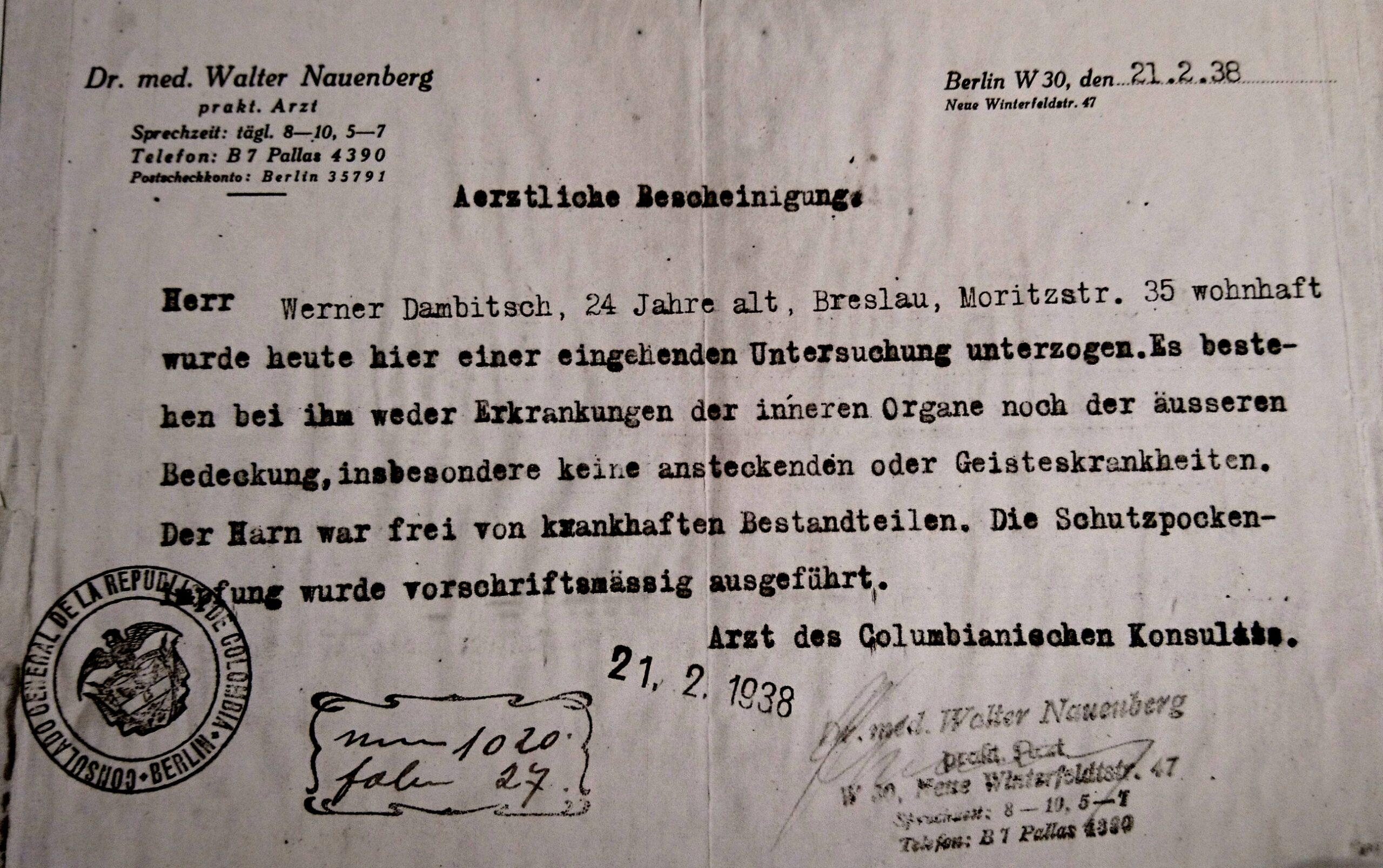 Certificate for  Werner Dambitsch Febr 1938. Source: Entschädigungsbehörde Berlin